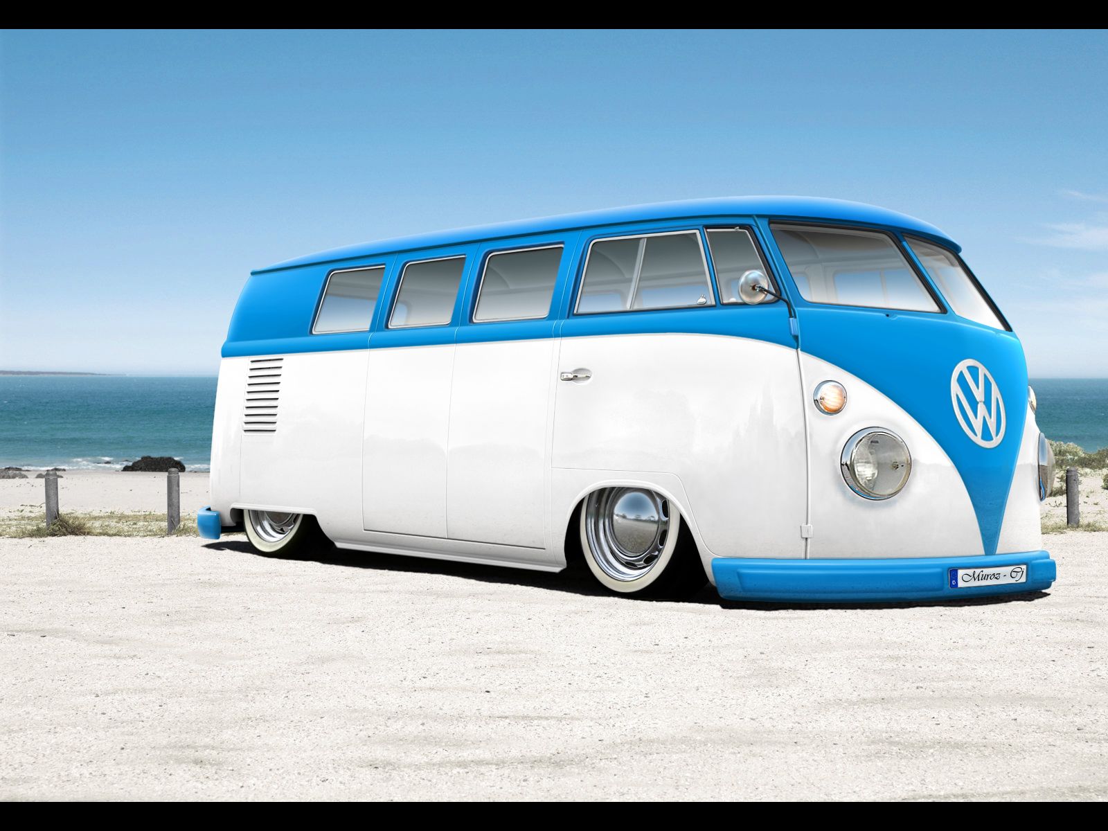 Furgone VW blu bianco spiaggia, 1600x1200 HD Ready, Desktop