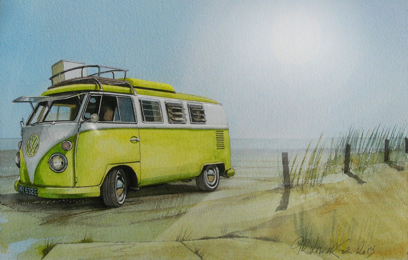 Furgone VW verde in spiaggia, 1332x850 720p, Laptop