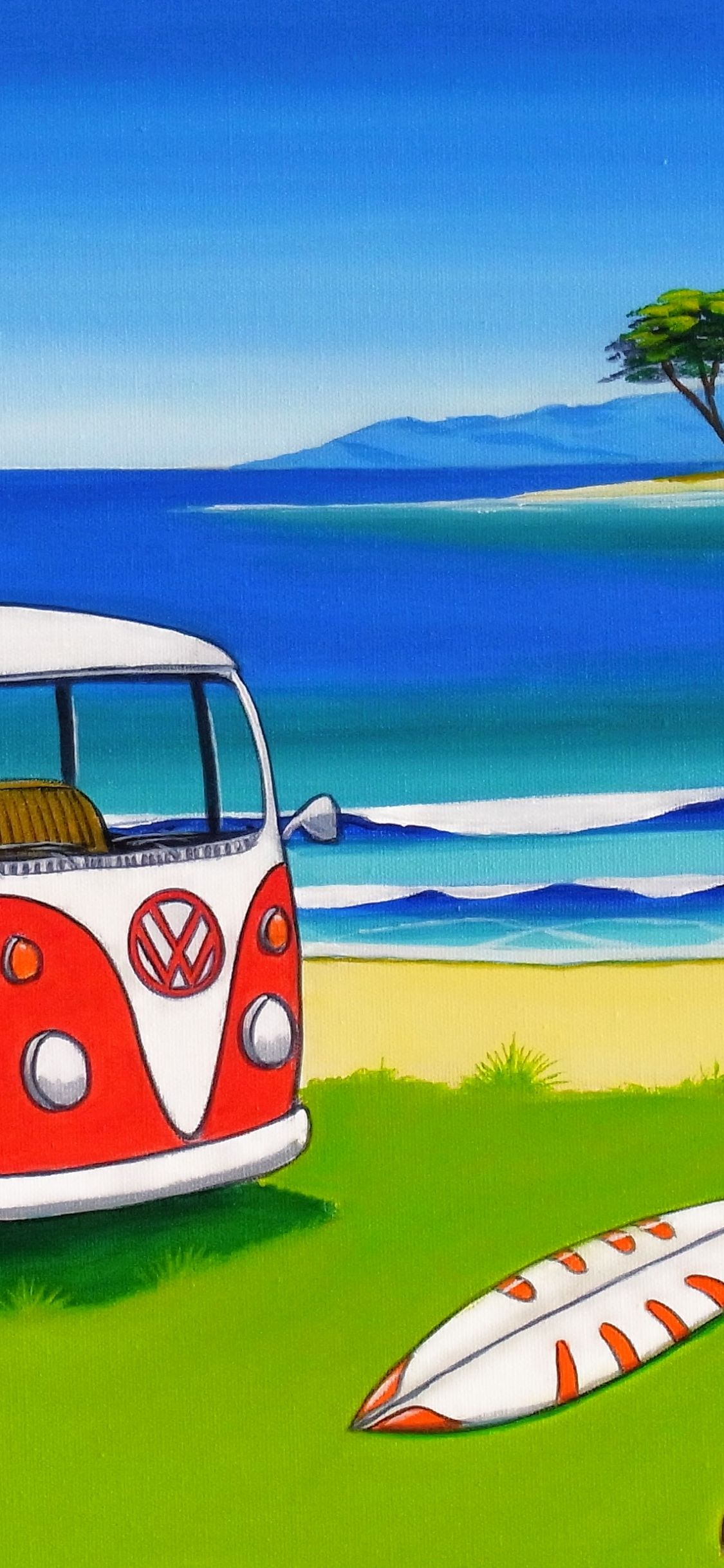 Furgone VW rosso in spiaggia, 1125x2436 Full HD Verticale, Smartphone