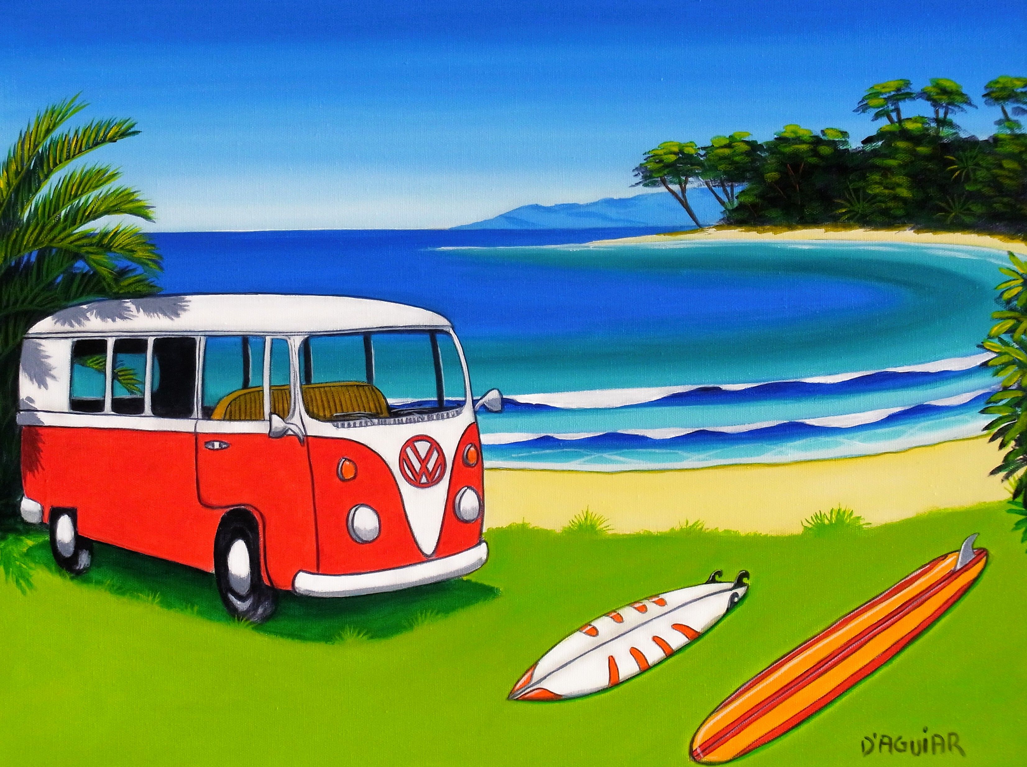 Furgone VW rosso in spiaggia, 3304x2468 2K, PC