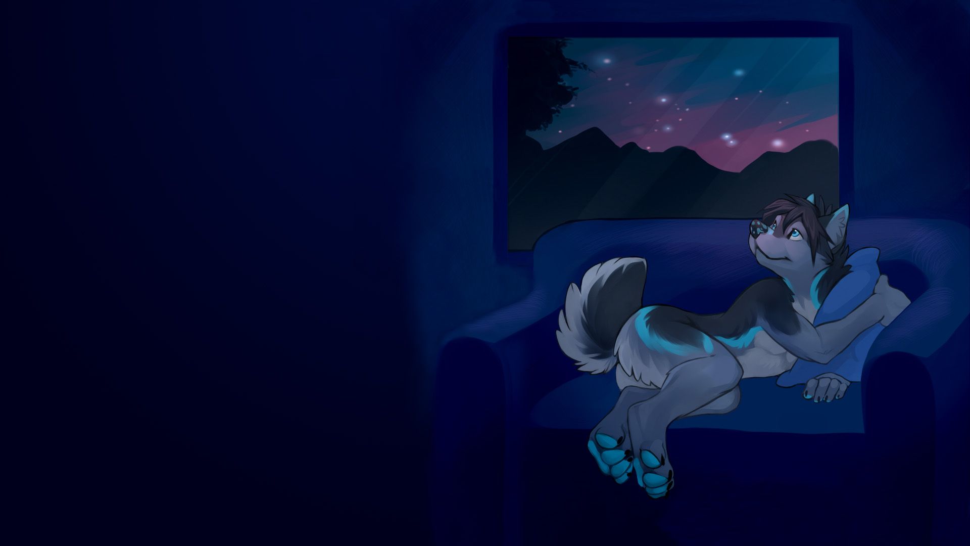 Lupo furry disteso divano notte, 1920x1080 Full HD, Desktop