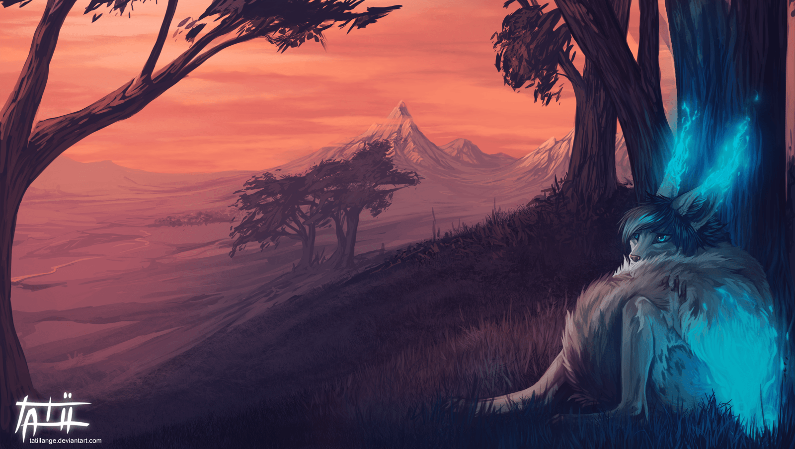 Personaggio furry seduto, tramonto, 1600x904 900p, iMac