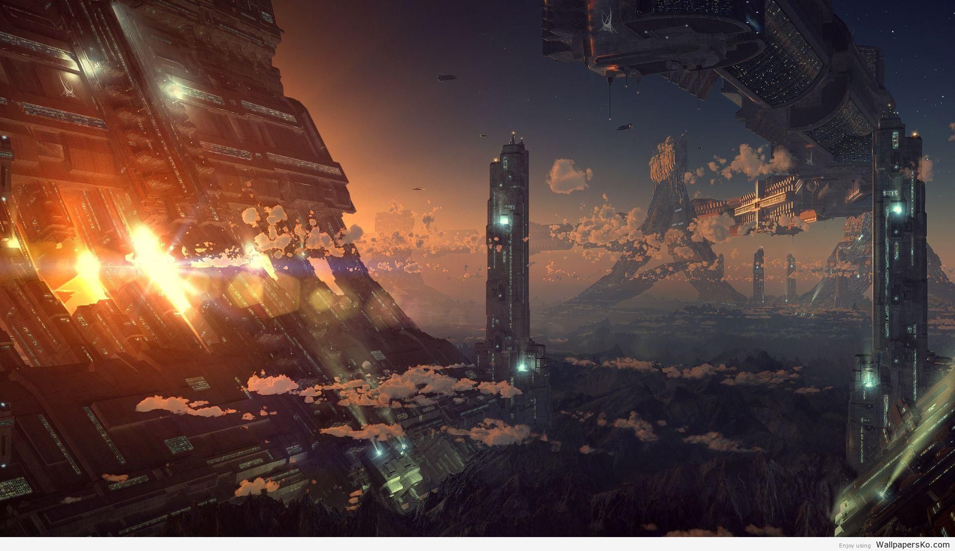 città futuristica con navi spaziali, 1920x1108 Full HD, PC