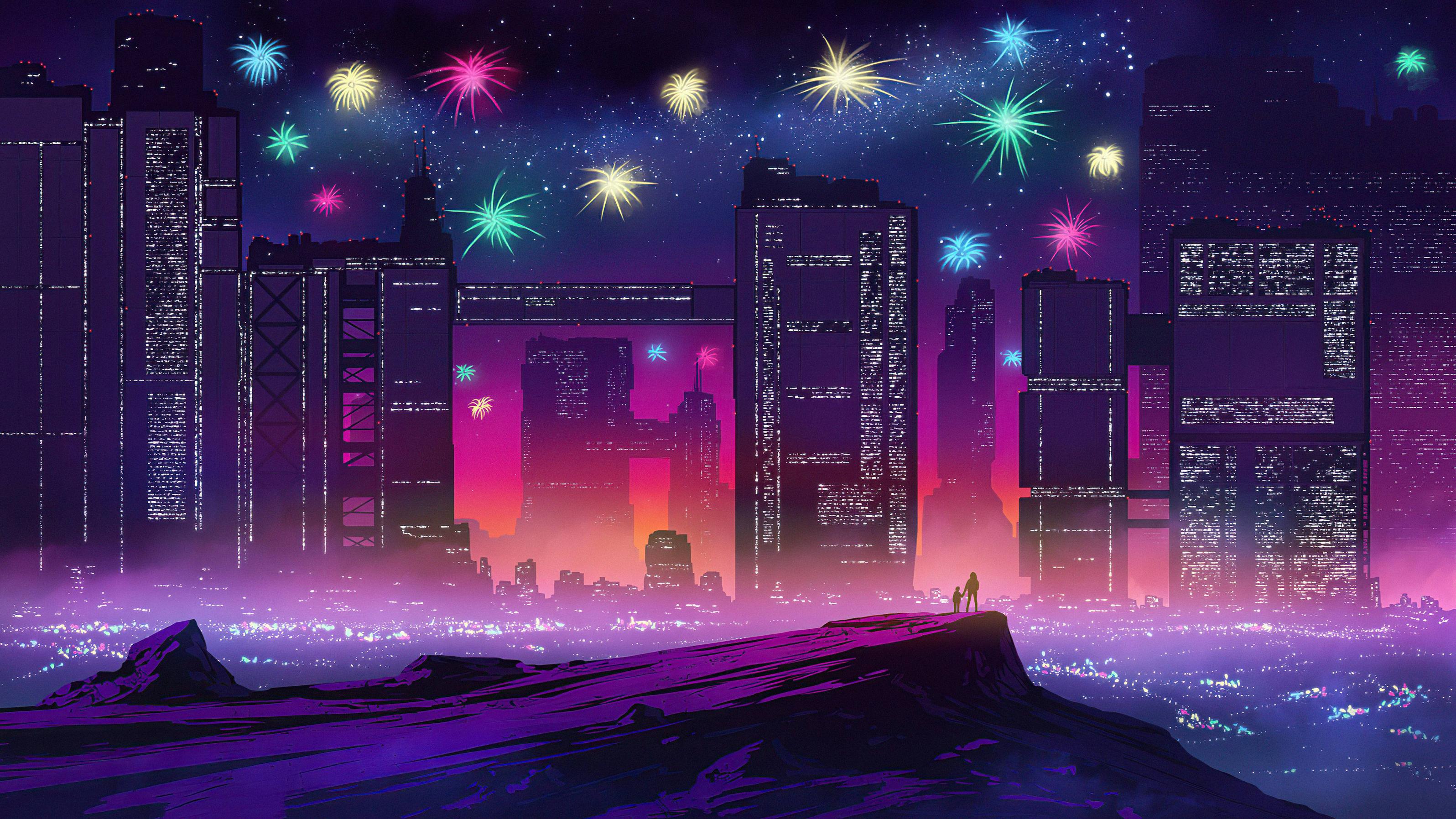 Fuochi d'artificio città futuristica notturna, 3192x1796 2K+, Monitor Gaming