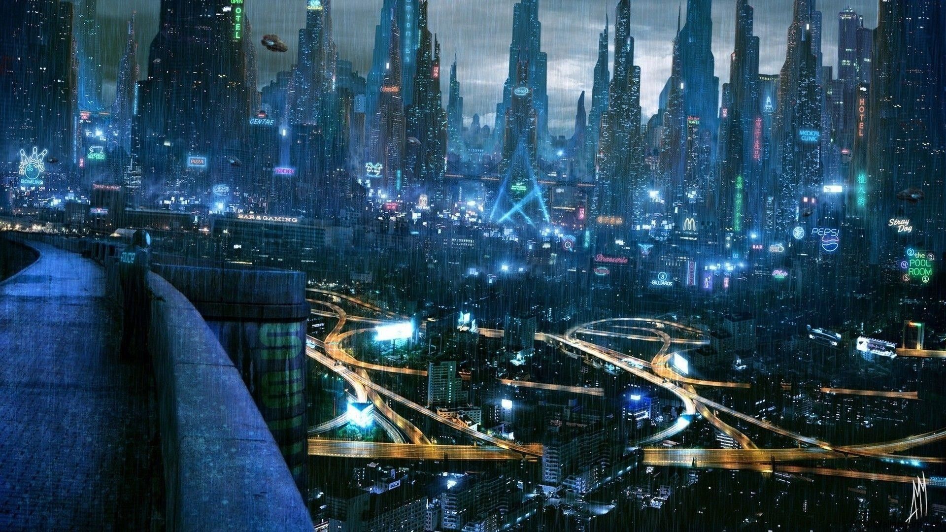 Città futuristica notturna con luci, 1920x1080 Full HD, Laptop
