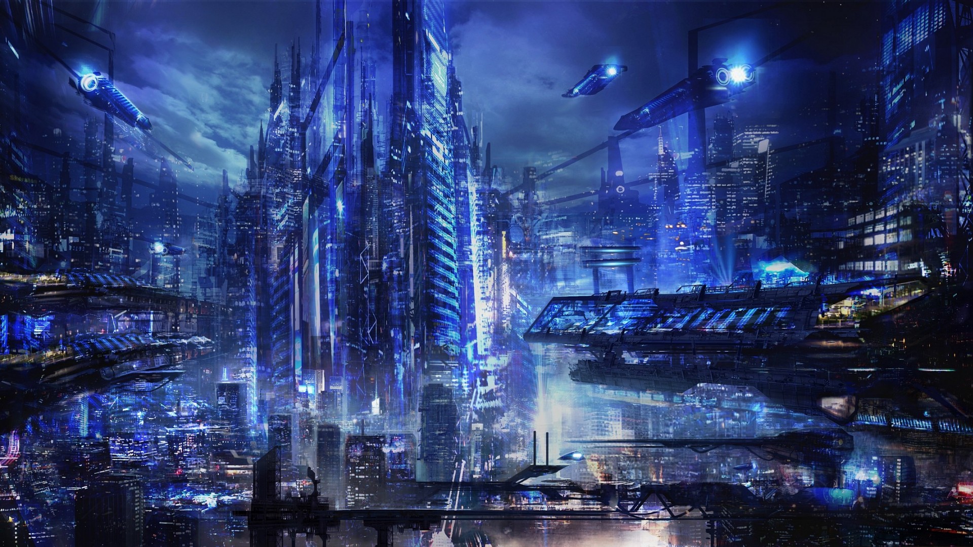 Città futuristica notturna blu, 1920x1080 Full HD 1080p, Desktop