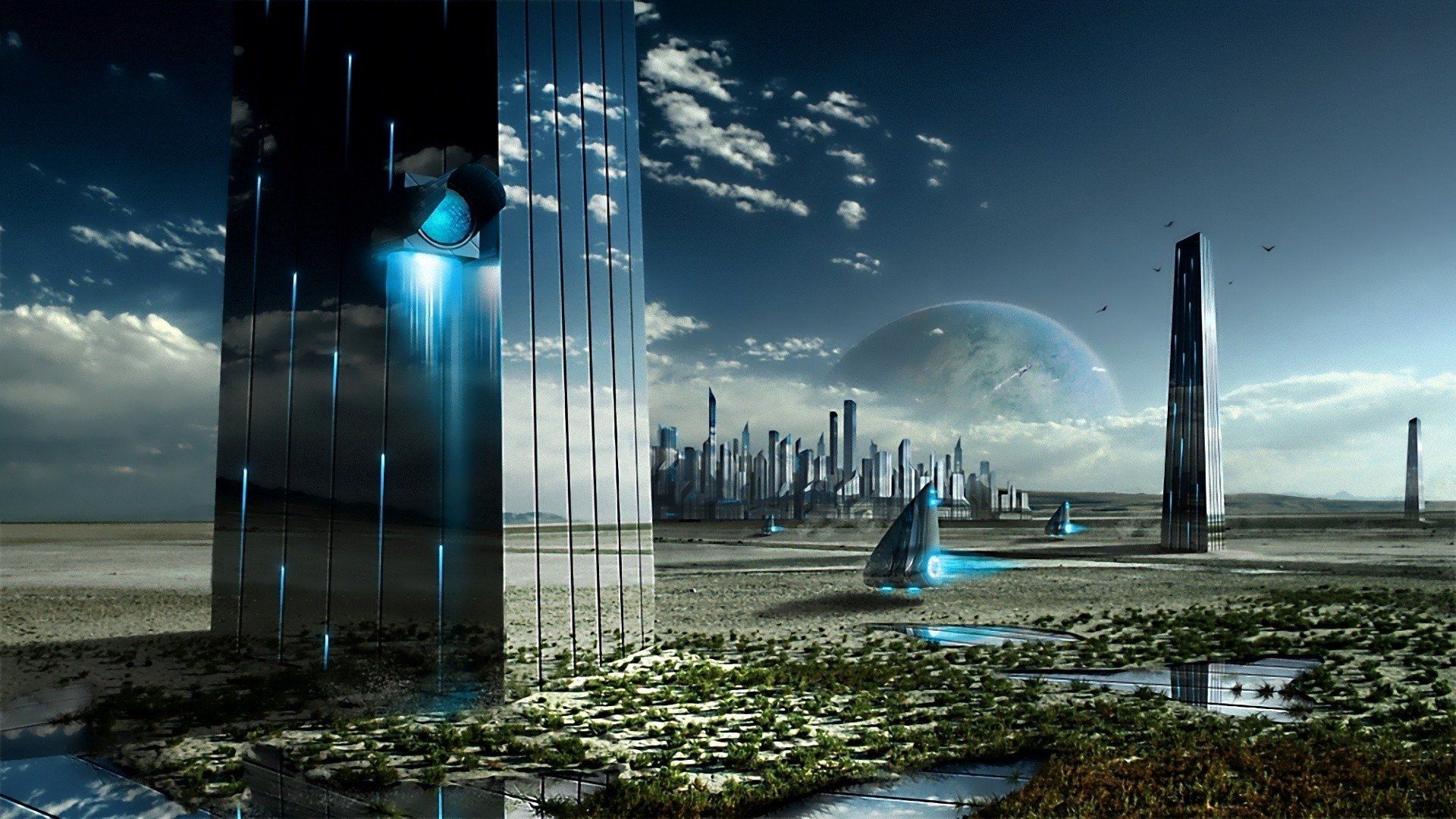 Città futuristica con grattacieli e pianeta, 1920x1080 Full HD, PC Desktop