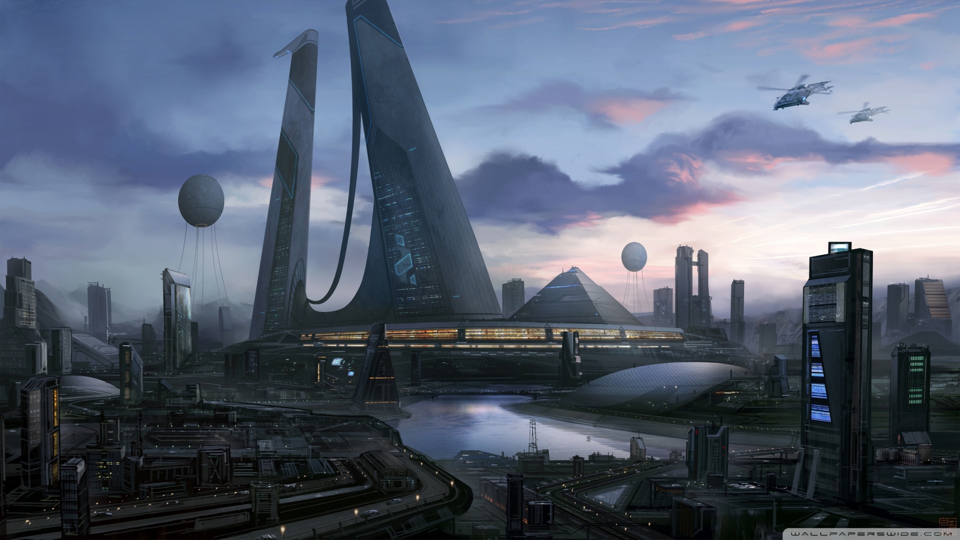 Città futuristica con torri e navicelle, 1920x1080 Full HD, PC Desktop