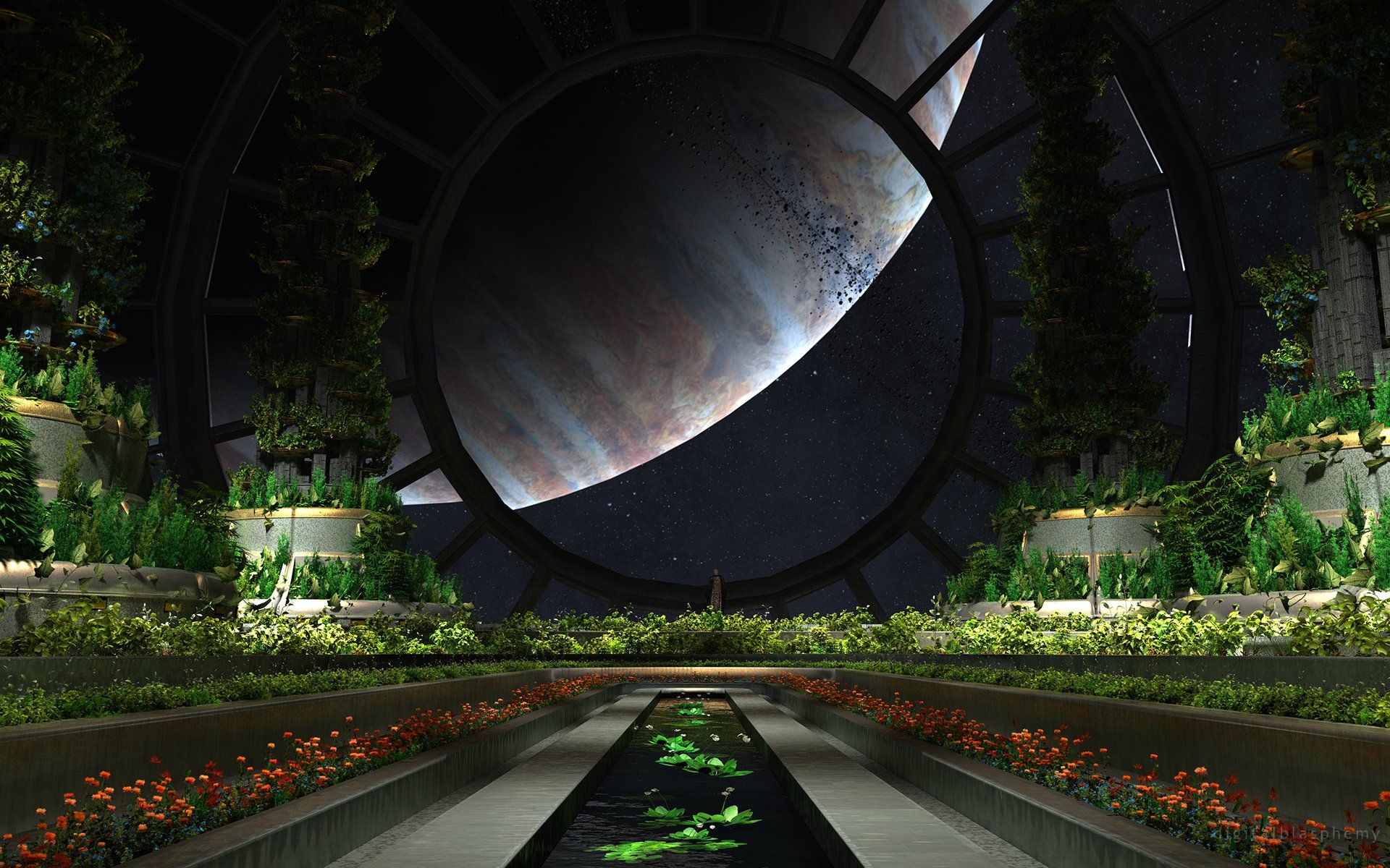 Giardino futuristico con pianeta, 1920x1200 Full HD+, Desktop