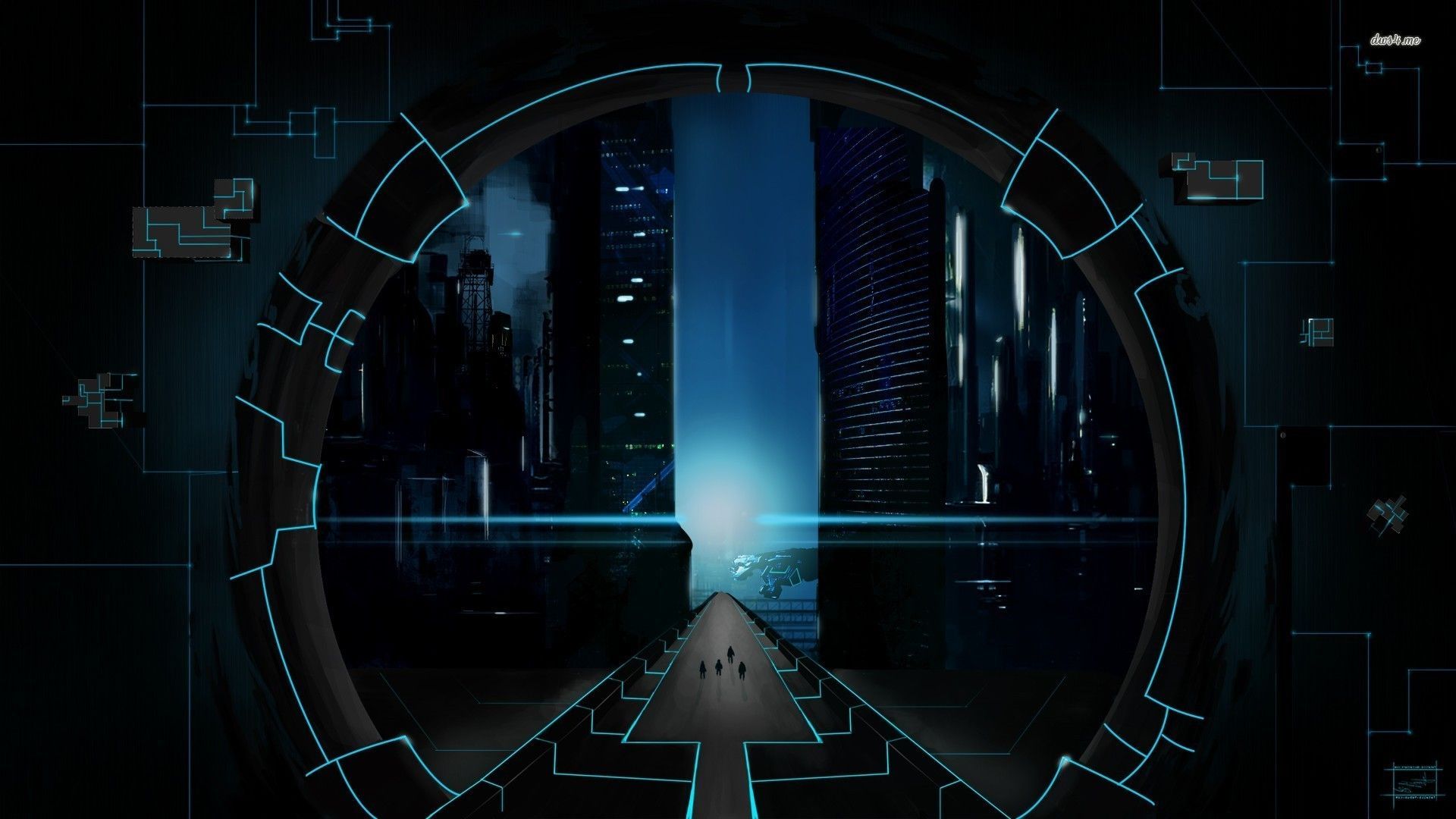 Città futuristica portale circolare blu, 1920x1080 Full HD 1080p, PC Desktop