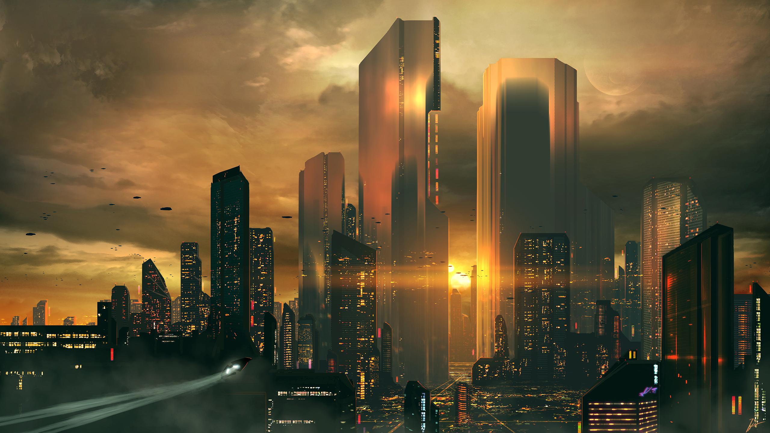 Città futuristica al tramonto, 2560x1440 1440p, Desktop