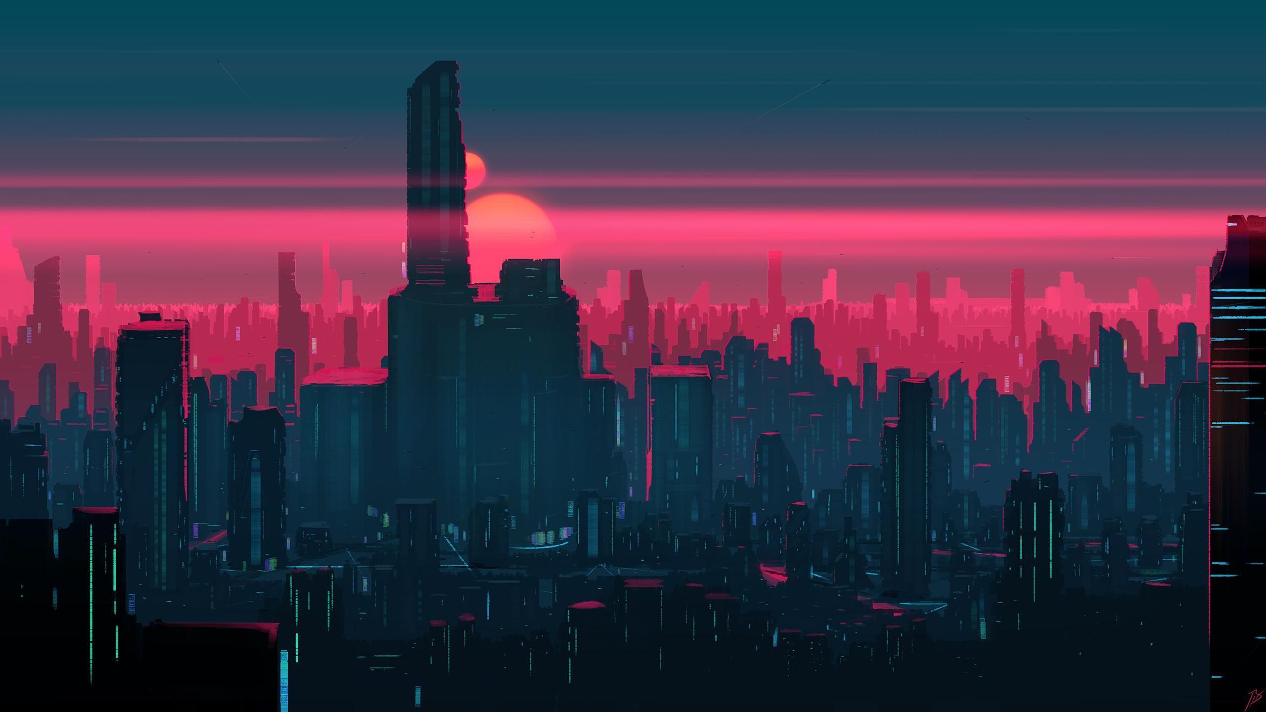 Skyline città futuristica al tramonto, 2560x1440 1440p, Desktop