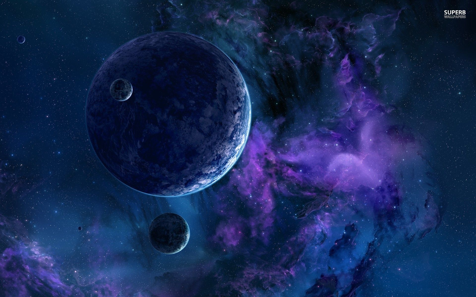 Galassia blu e viola con pianeti, 1920x1200 Full HD+, Desktop