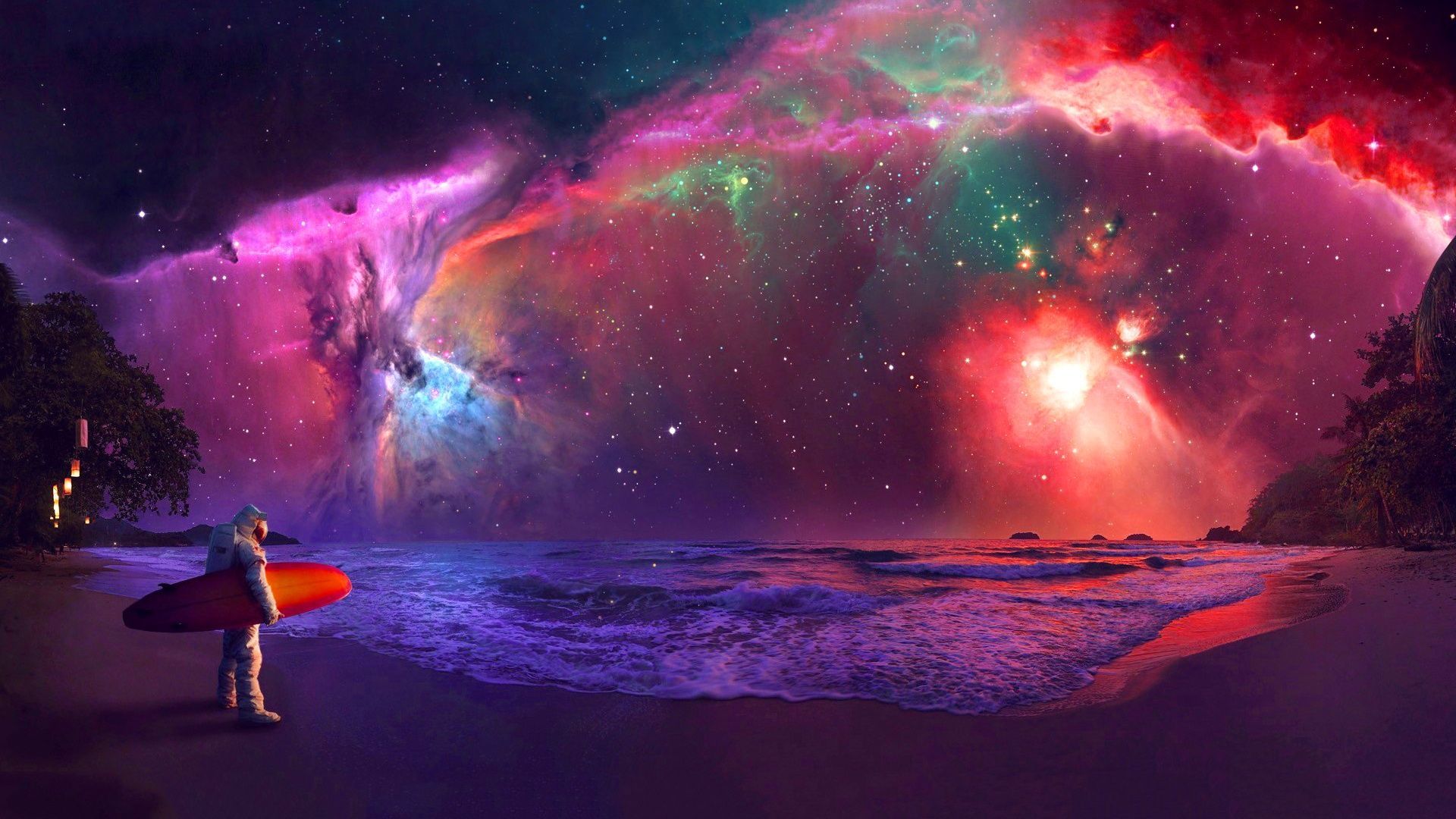 Astronauta con tavola surf, galassia, 1920x1080 Full HD, Laptop