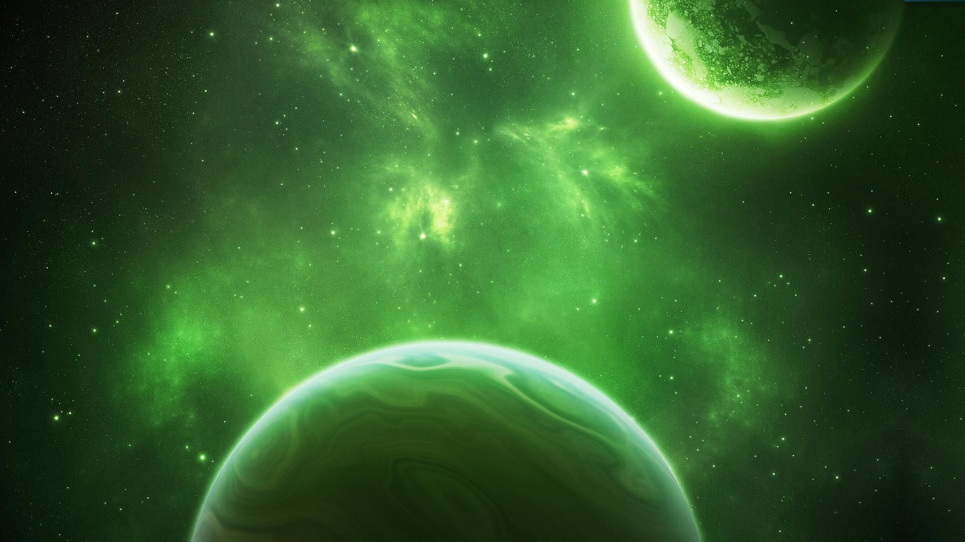Galassia verde con pianeti, 1920x1080 Full HD 1080p, Desktop