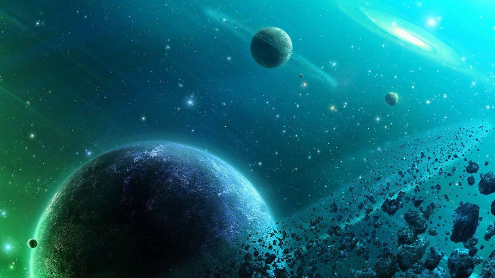 Galassia verde con pianeti, 1600x900 HD Ready, Laptop