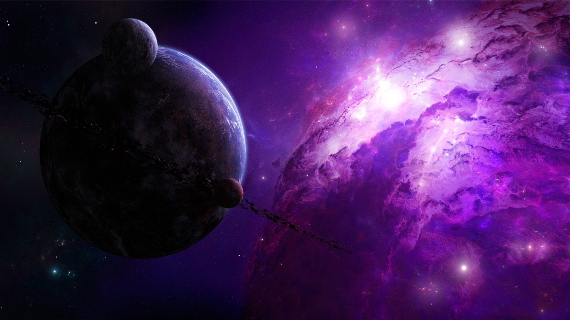 Galassia viola con pianeti, 1920x1080 Full HD 1080p, PC