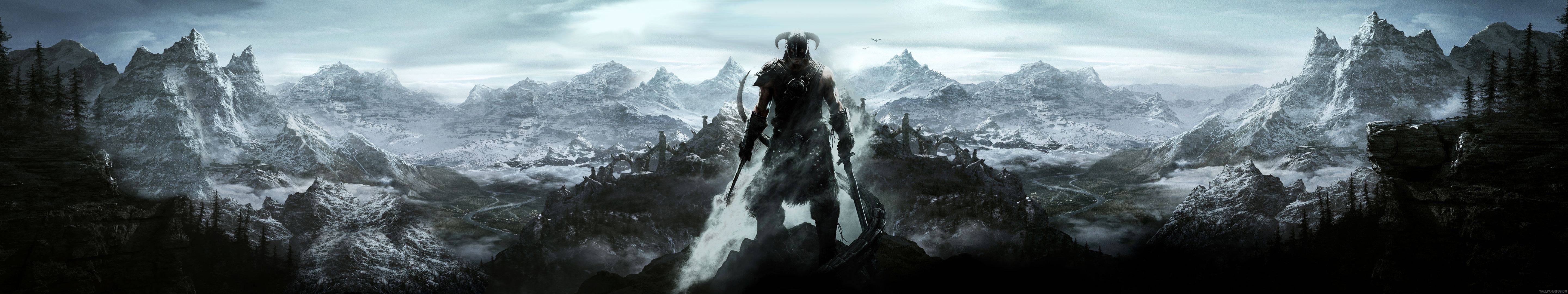 Skyrim guerriero paesaggio montano, The Elder Scrolls, 5760x1080 Panoramico, Dual Screen