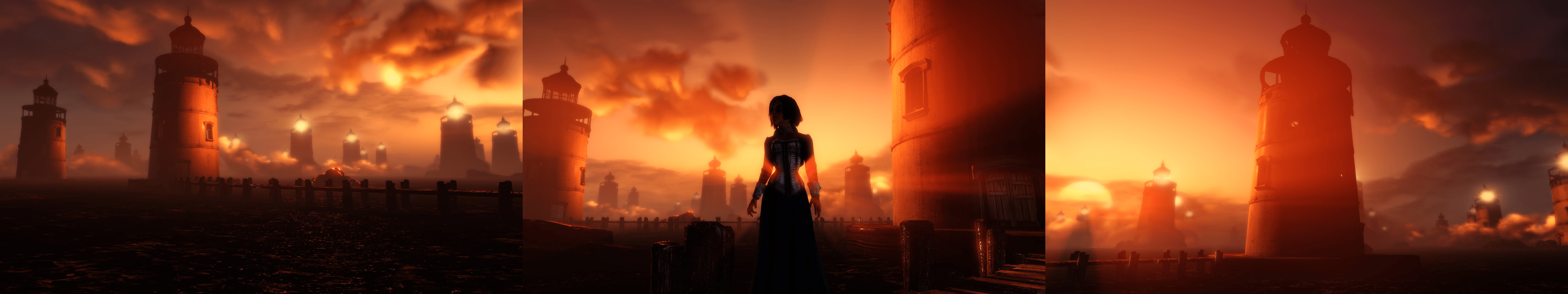 Silhouette personaggio torri tramonto, 5760x1080 21:9, Monitor 4K