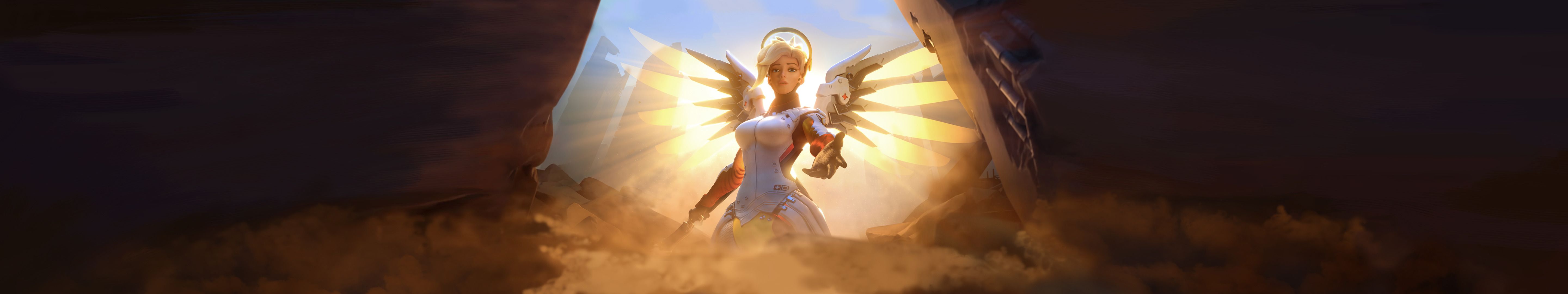 Mercy Overwatch angelo dorato, Blizzard, 5760x1080 Panoramico, Dual Screen