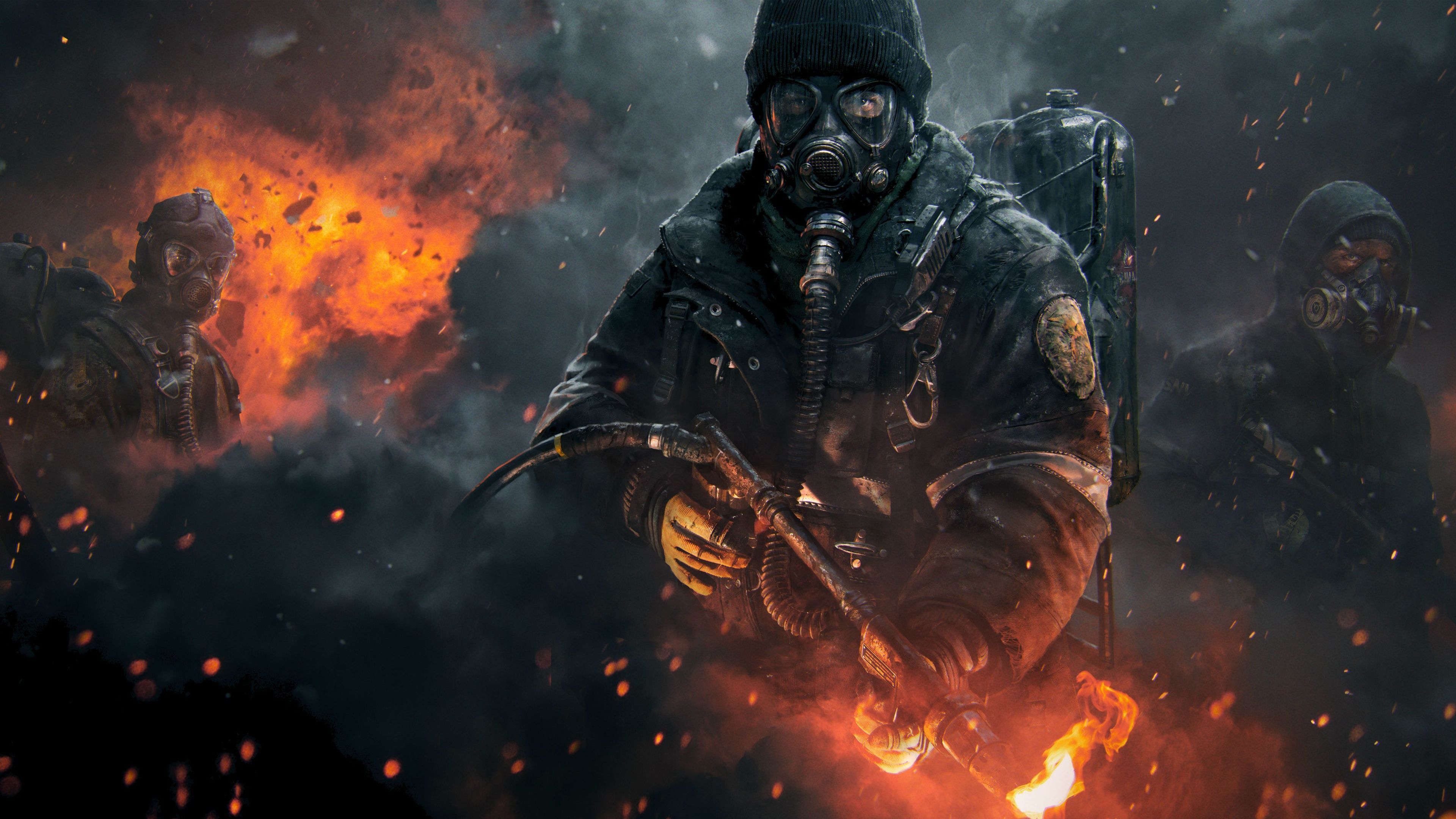 Soldato con maschera antigas, fuoco, 3840x2160 Ultra HD, Monitor 4K
