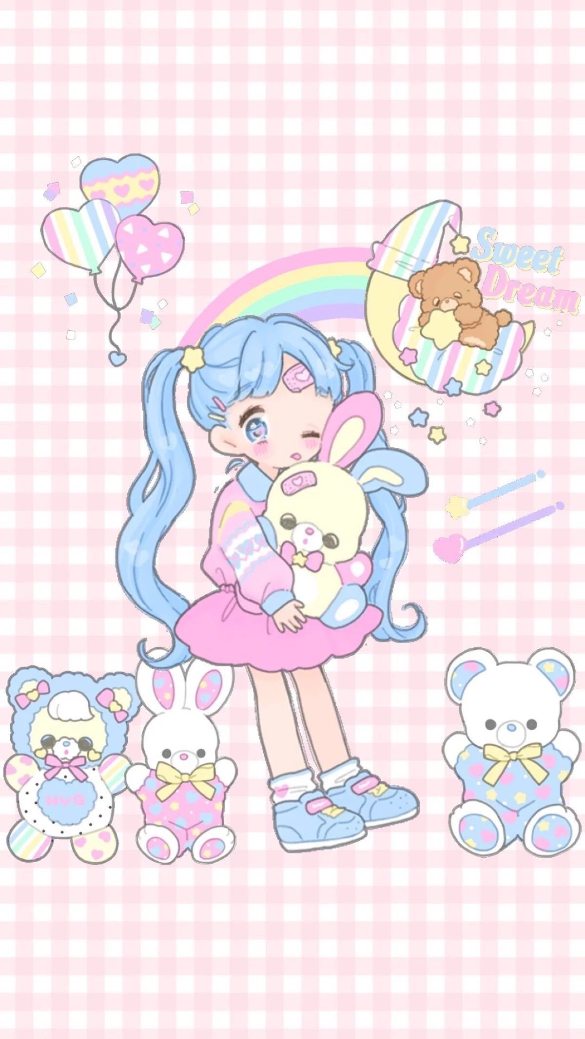 Ragazza kawaii con coniglietto pastello, 1200x2133 Verticale, Telefono