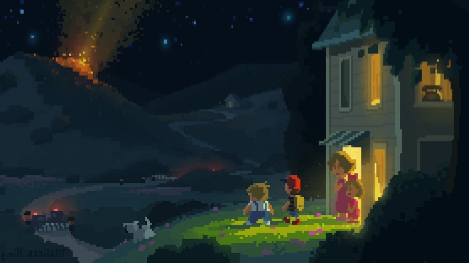Pixel art casa notturna vulcano, 1920x1080 Full HD 1080p, PC