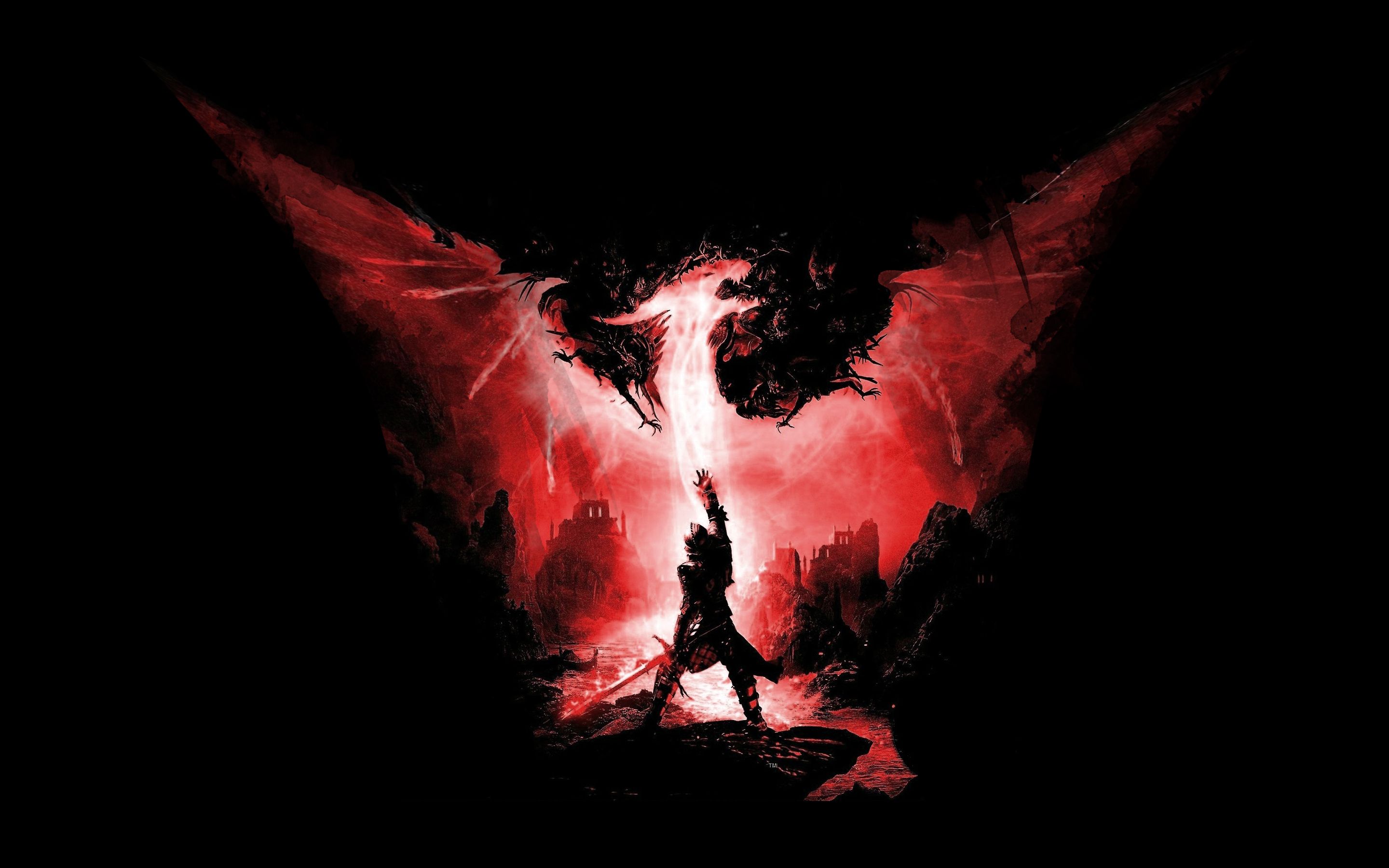 Drago rosso guerriero silhouette, 2880x1800 2K, Laptop