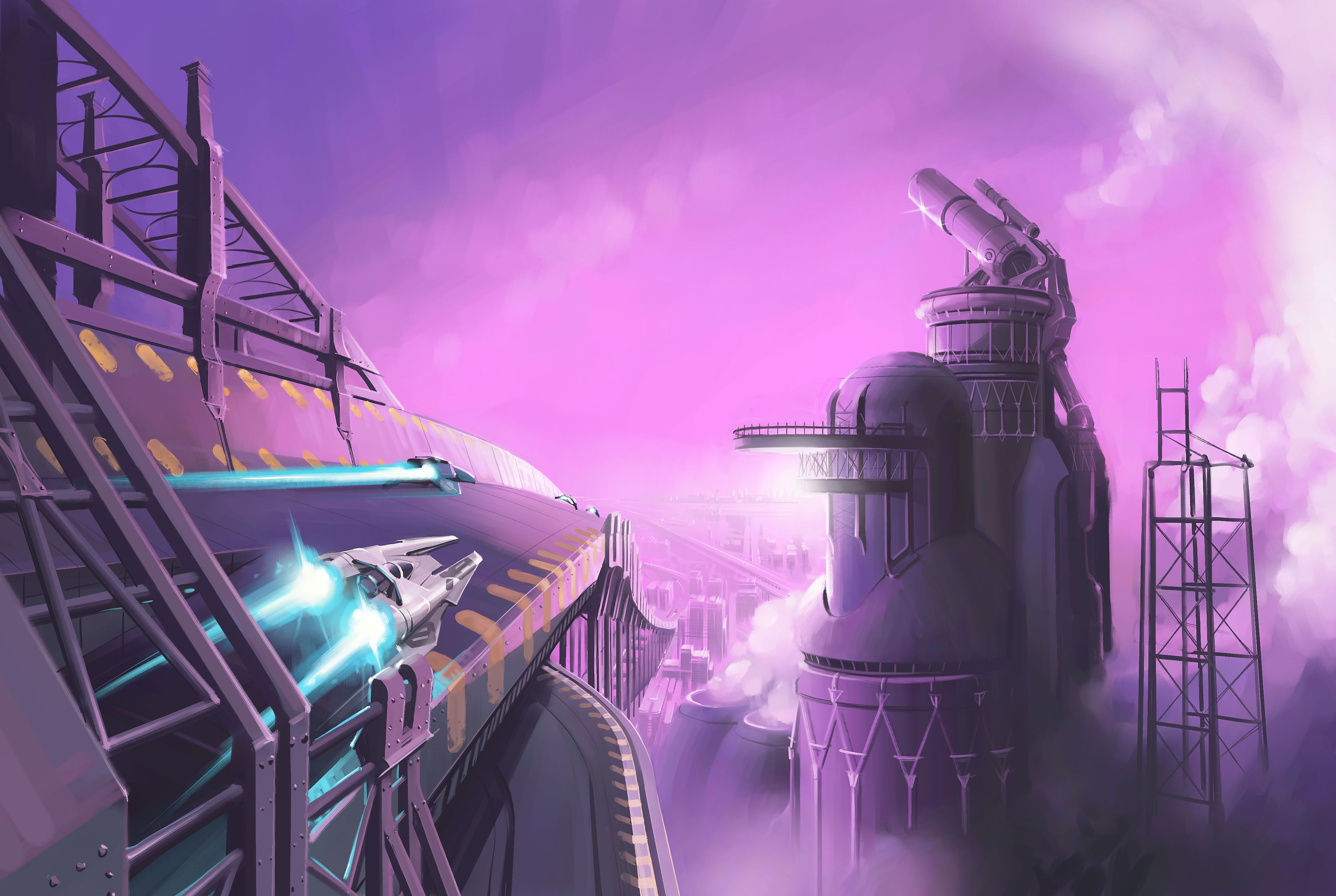 Città futuristica viola con astronave, 4000x2684 Ultra HD, 4K TV