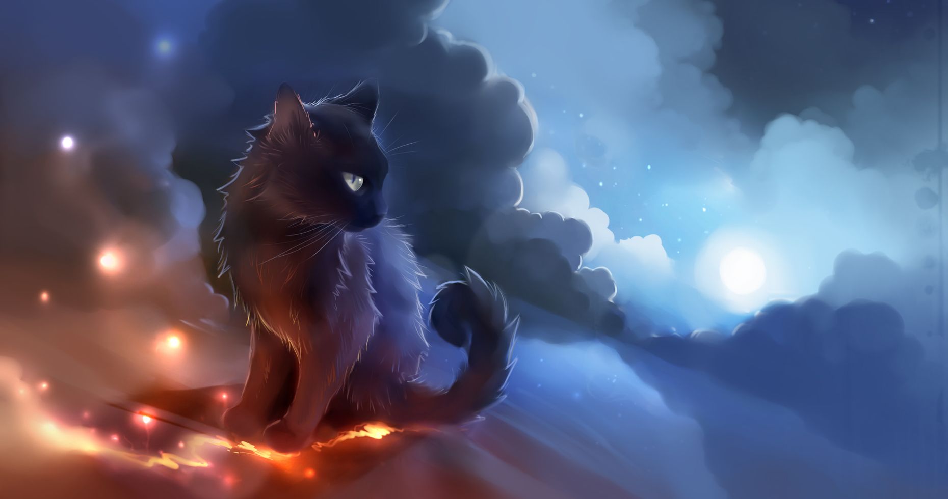 Gatto nero fantasy notturno, 1860x980 HD Ready, PC Desktop