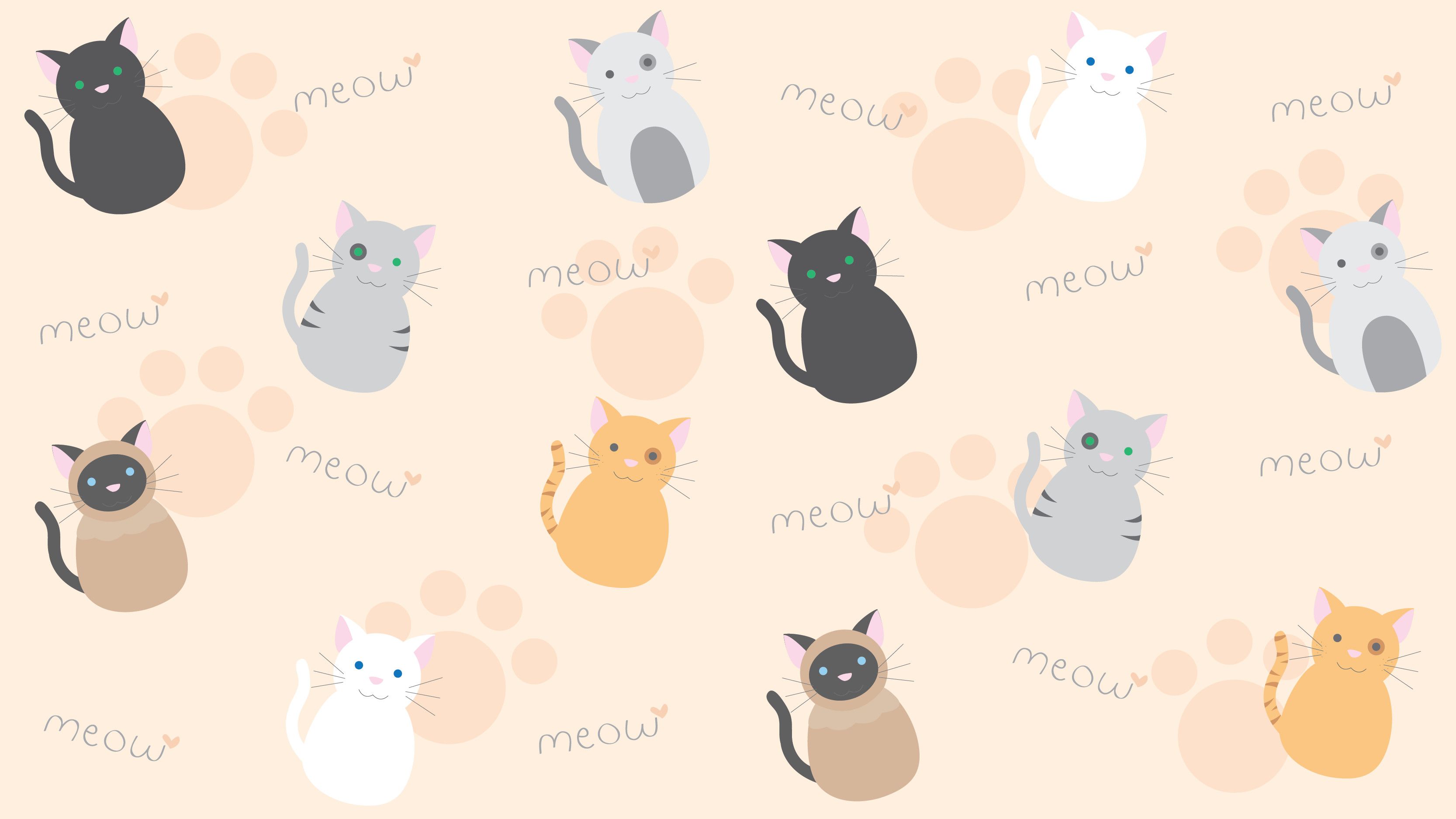 Pattern gatti cartoon con scritte meow, 3333x1875 2K+, PC
