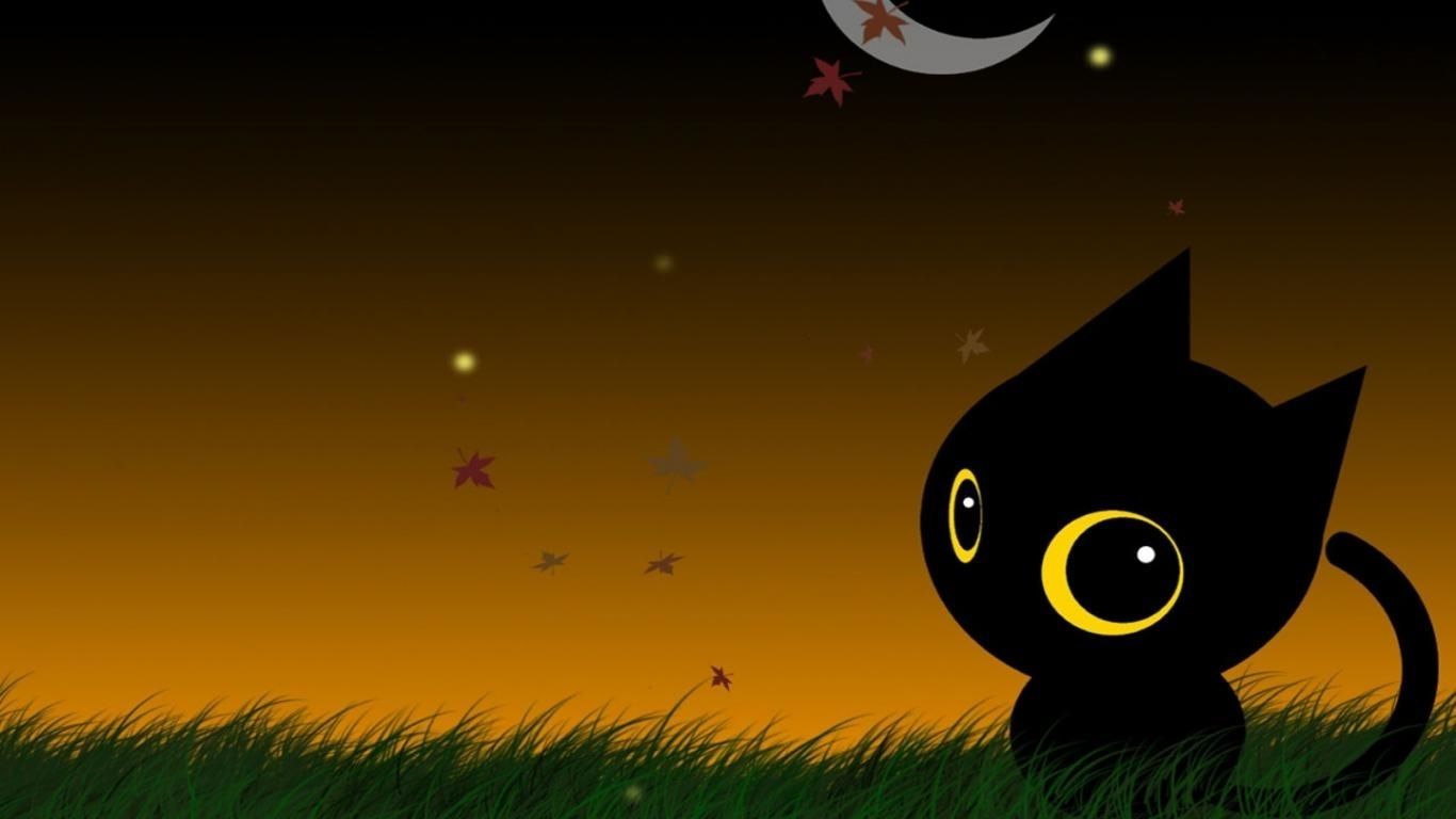 Gatto nero cartone luna, 1366x768 720p, Monitor Gaming