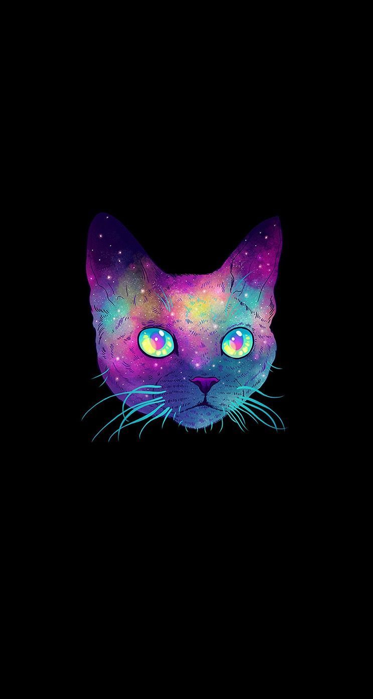 Gatto galattico colorato sfondo nero, 744x1392 Verticale, Telefono