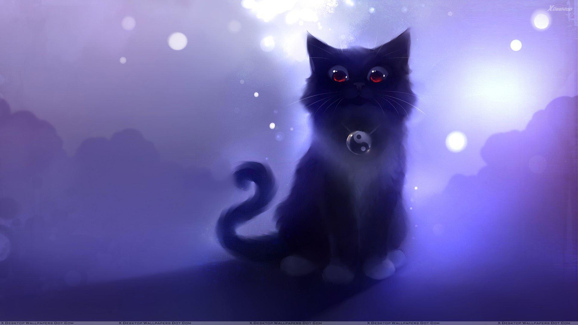 Gattino nero cartoon viola, 1920x1080 Full HD, Desktop