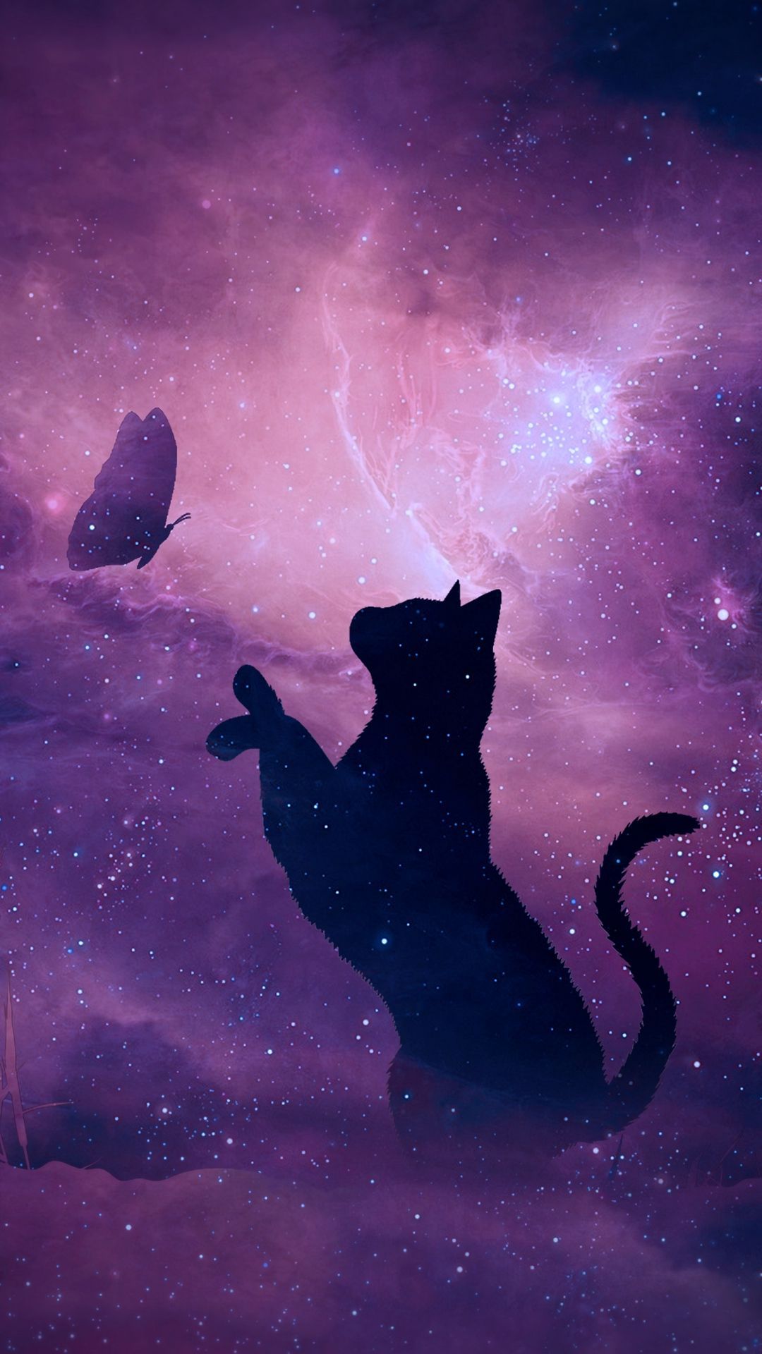 Gatto nero silhouette galassia viola, 1080x1920 Verticale, Mobile