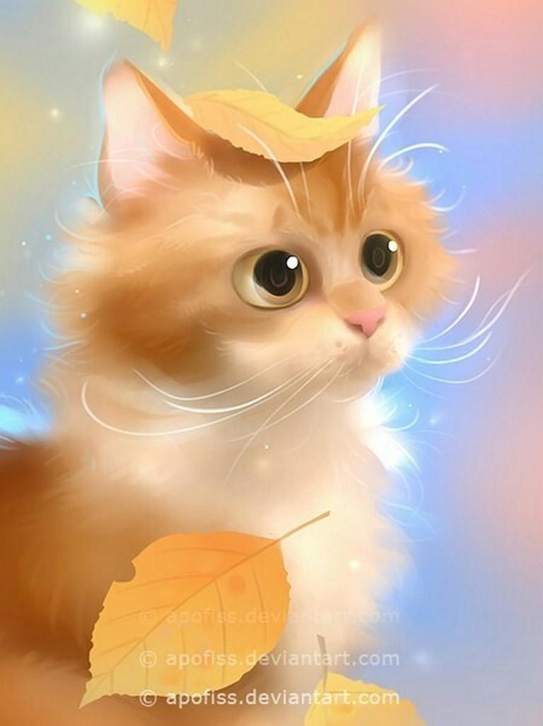 Gatto kawaii arancione con foglie, 768x1028 Verticale, Mobile