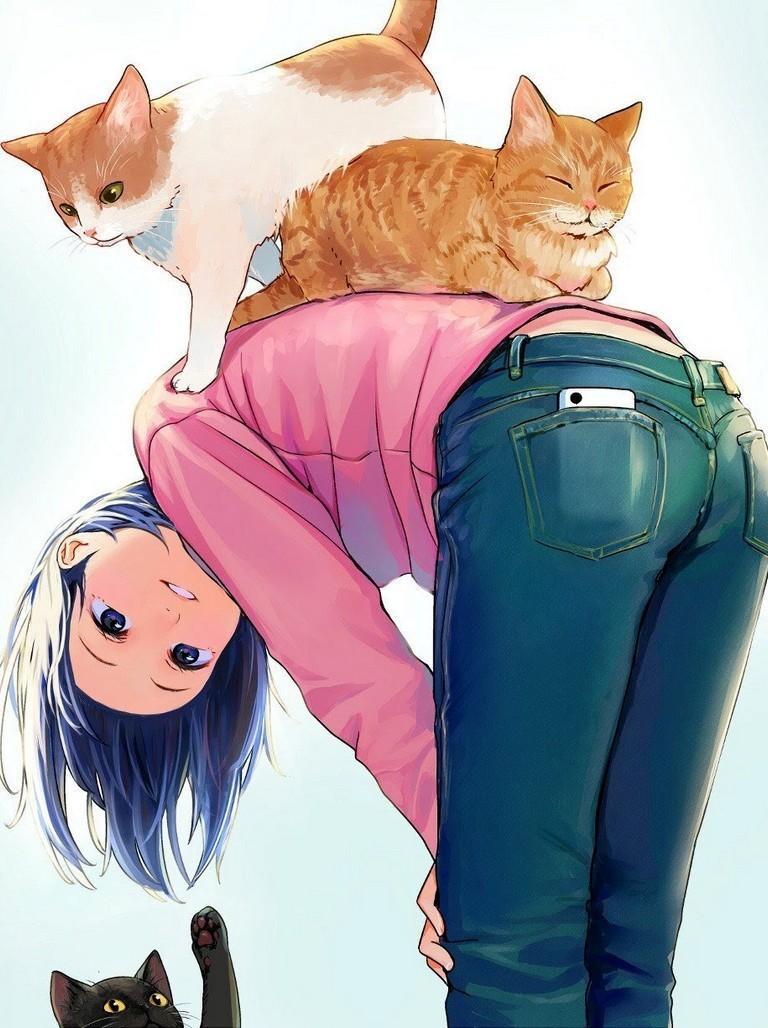 Ragazza kawaii con gatti arancioni, 768x1028 Full HD Verticale, Smartphone