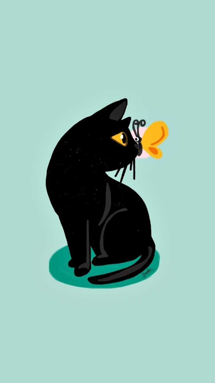 Gatto nero kawaii con farfalla, 750x1334 Verticale, Telefono