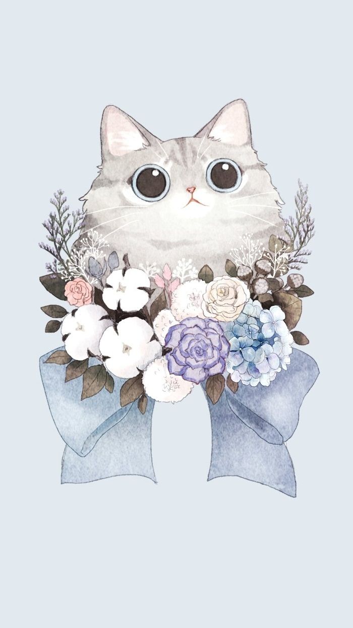 Gatto kawaii con fiocco fiori, 700x1244 Verticale, Mobile