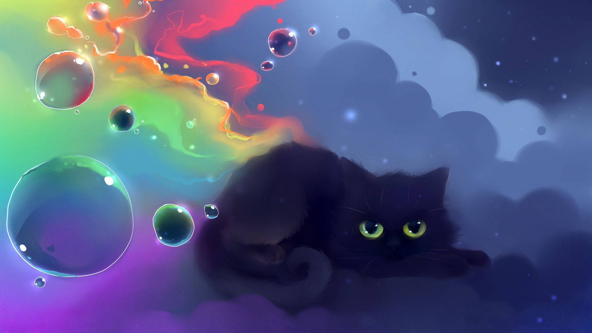 Gatto nero con bolle arcobaleno, 1920x1080 Full HD 1080p, PC Desktop
