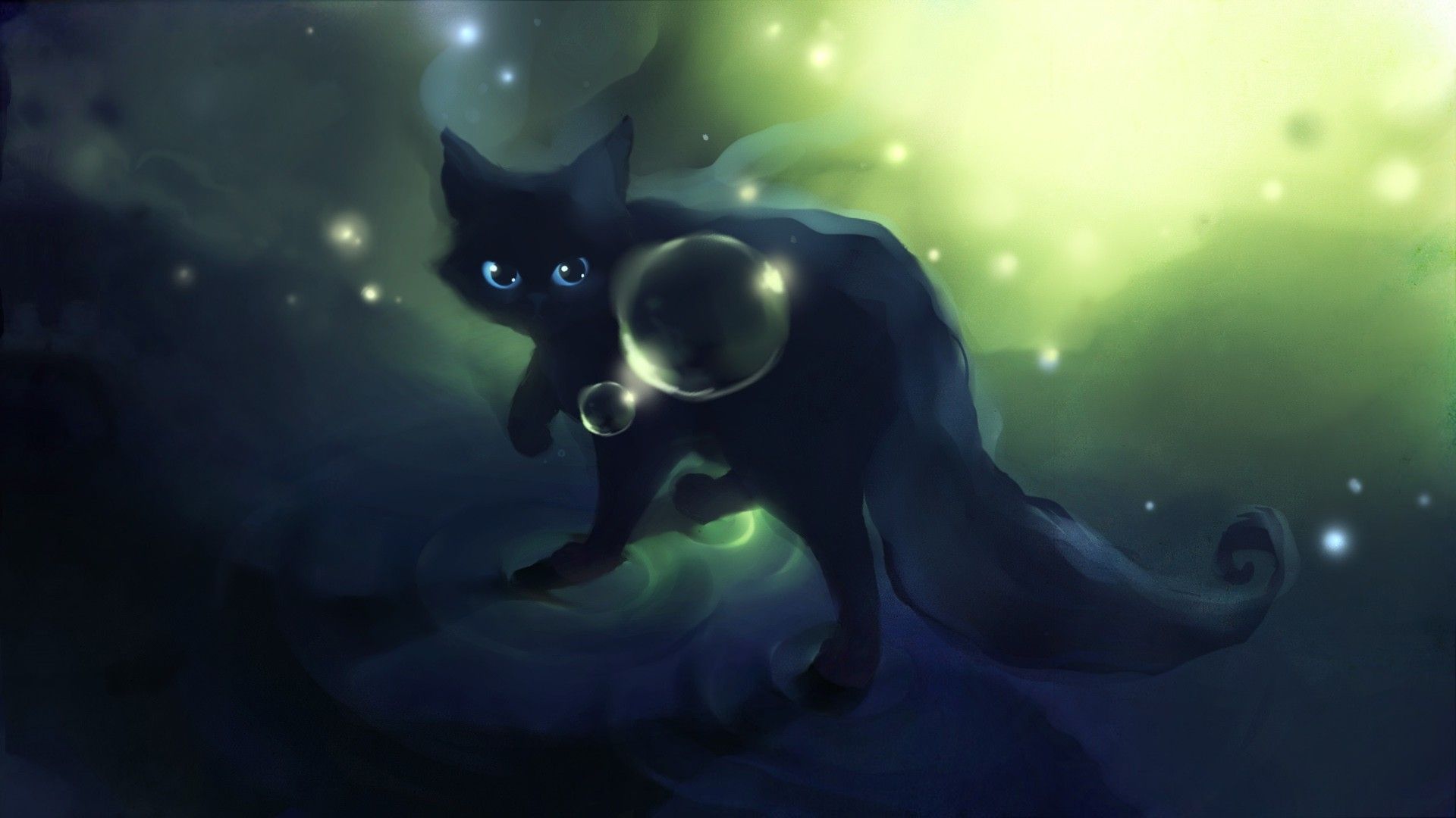 Gatto nero con bolle luminose, 1920x1080 Full HD, PC
