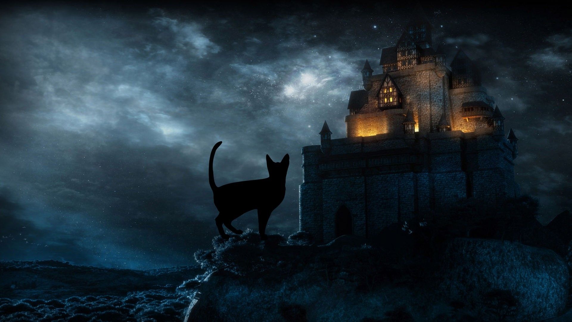 Gatto nero castello notturno, 1920x1080 Full HD, Monitor Gaming