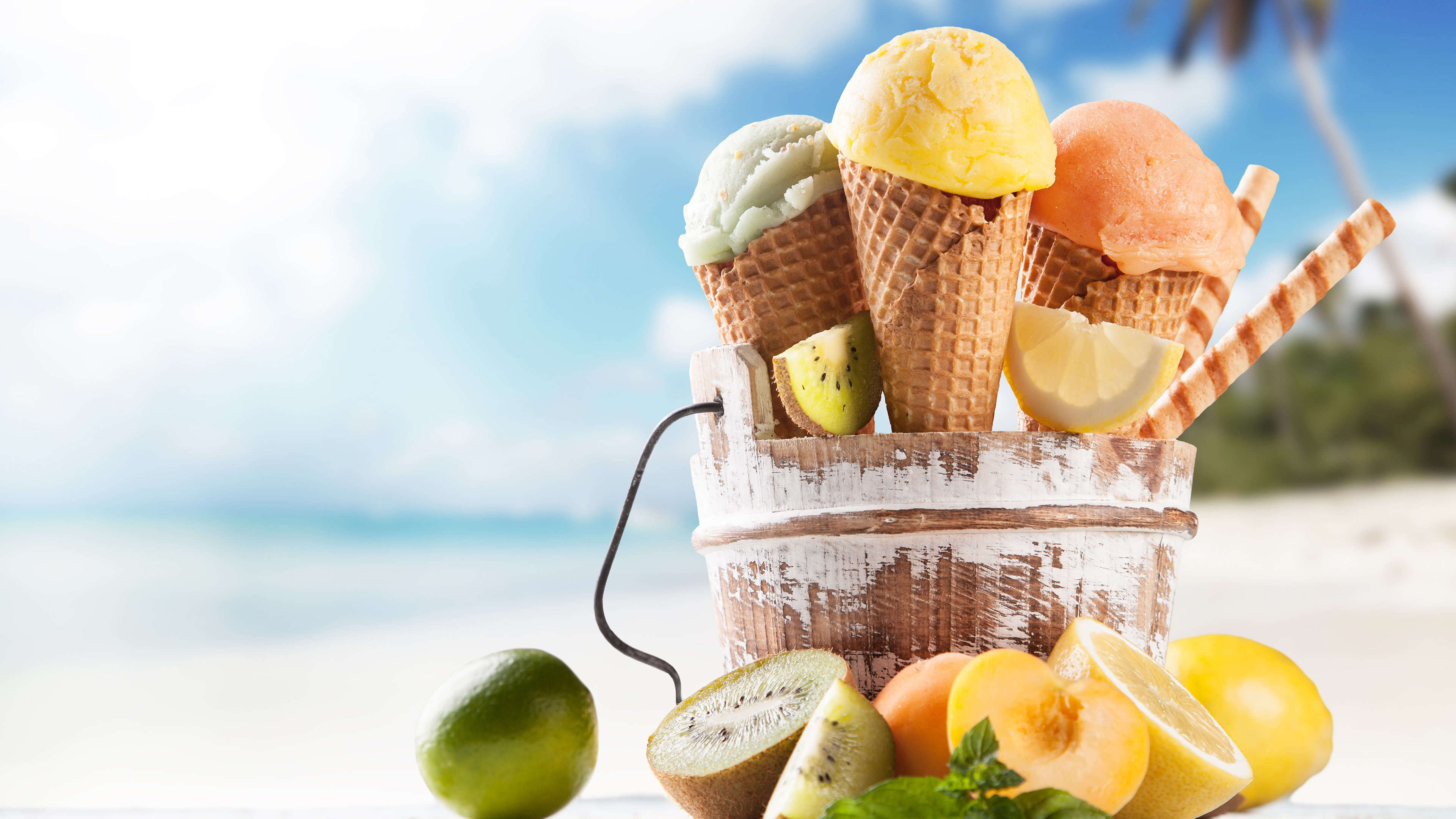 Coni gelato e frutta spiaggia, 3840x2160 UHD, PC 4K