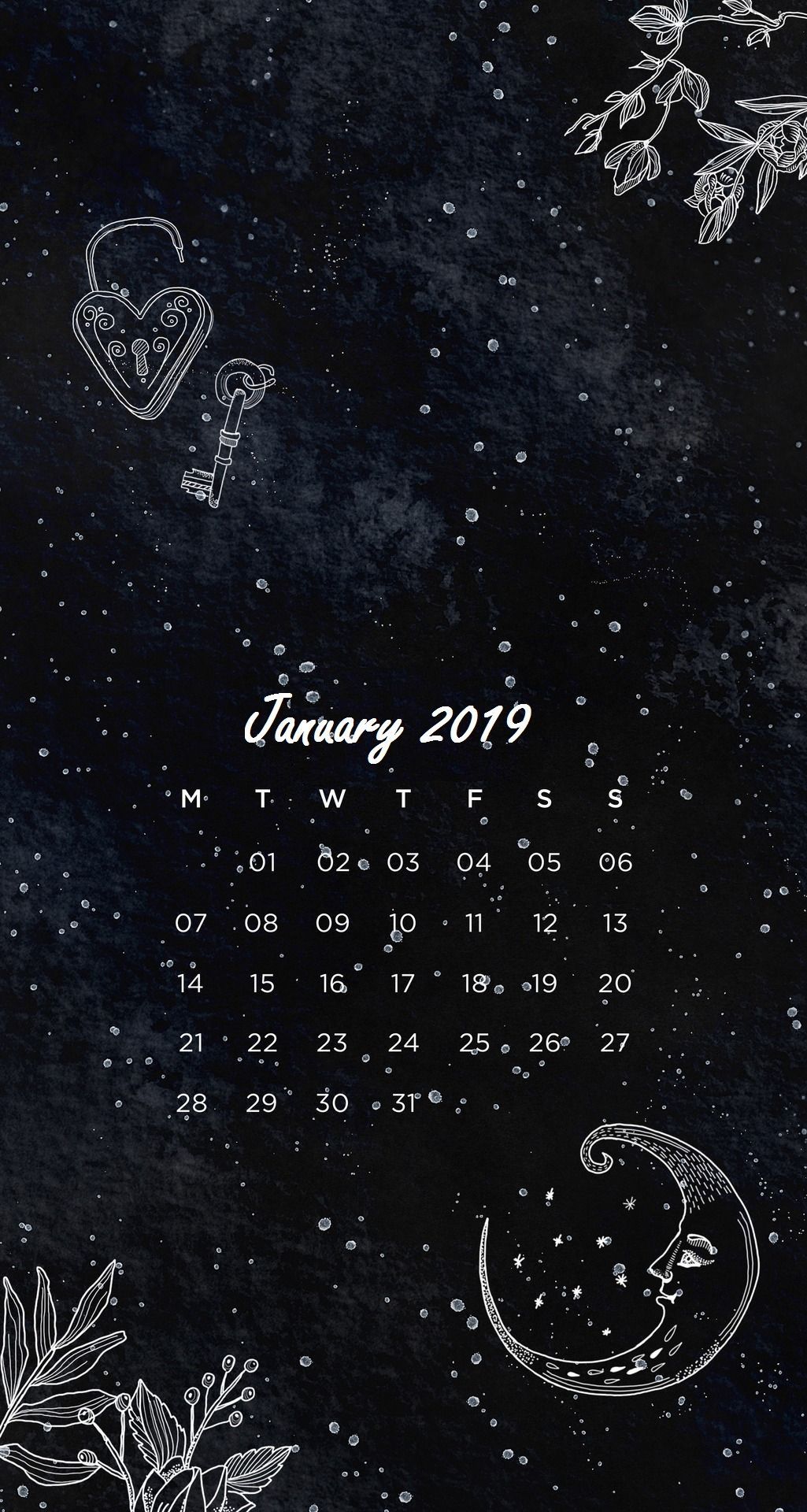 Calendario gennaio 2019 scuro, 1025x1920 Verticale, Telefono