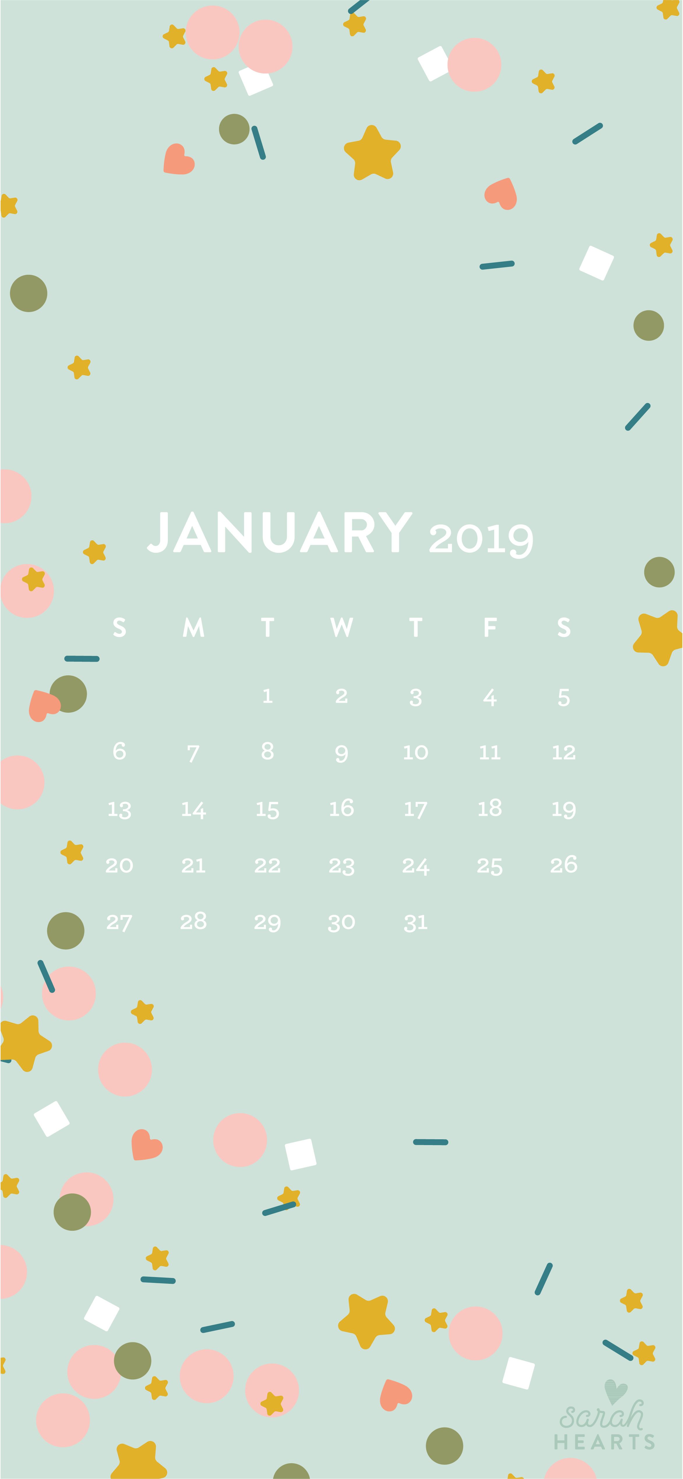 Calendario gennaio 2019 coriandoli menta, 2345x5076 Verticale, Mobile