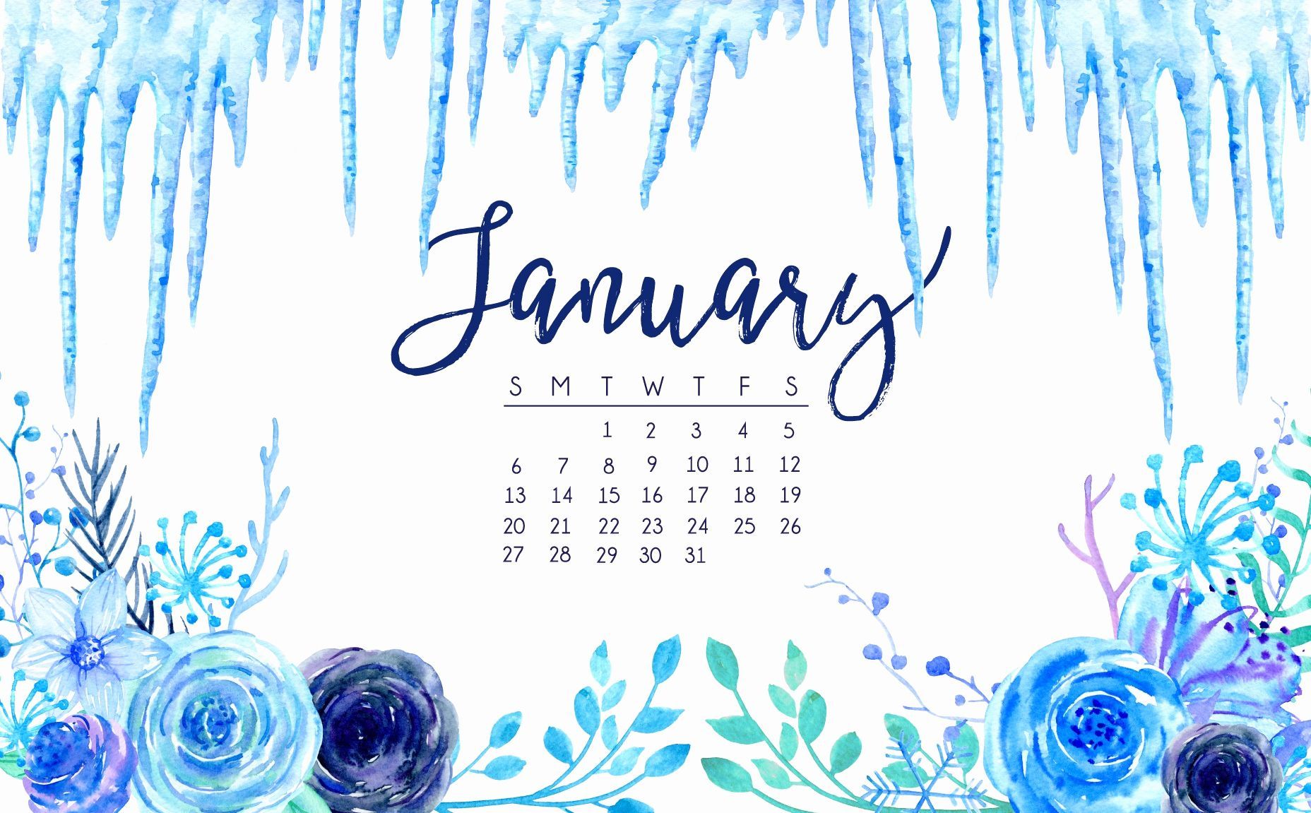 Calendario gennaio ghiaccioli fiori blu, 1856x1151 HD, iMac