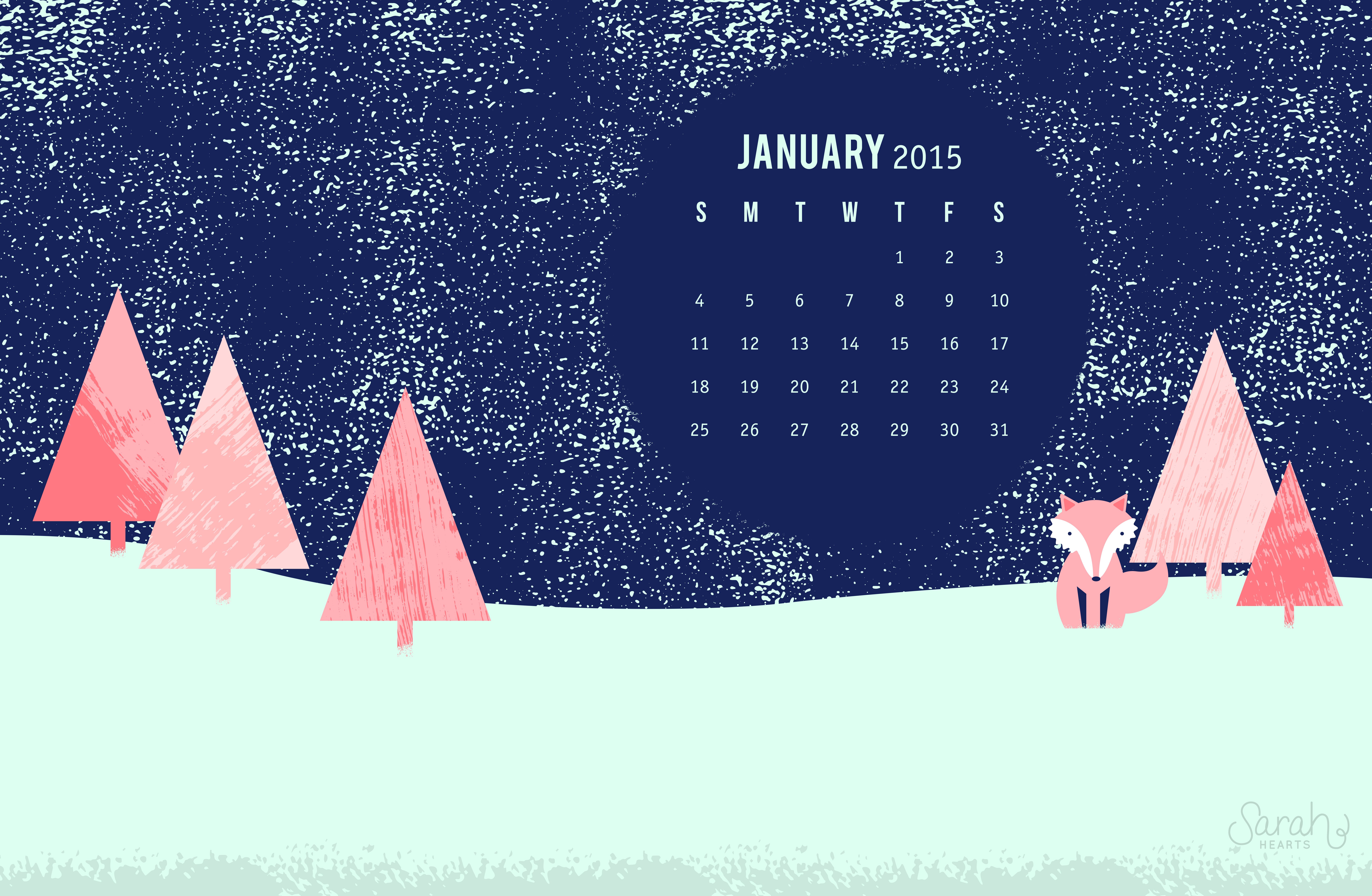 Calendario gennaio con alberi e volpe, 8800x5744 Ultra HD, 4K TV
