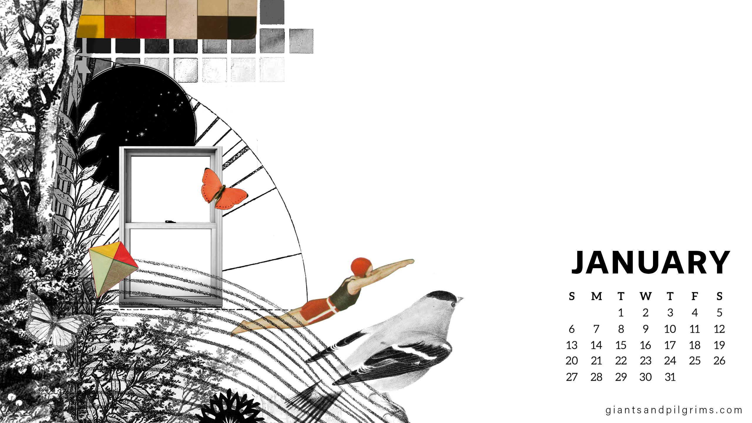 Calendario gennaio collage artistico, 2560x1440 2K QHD, PC