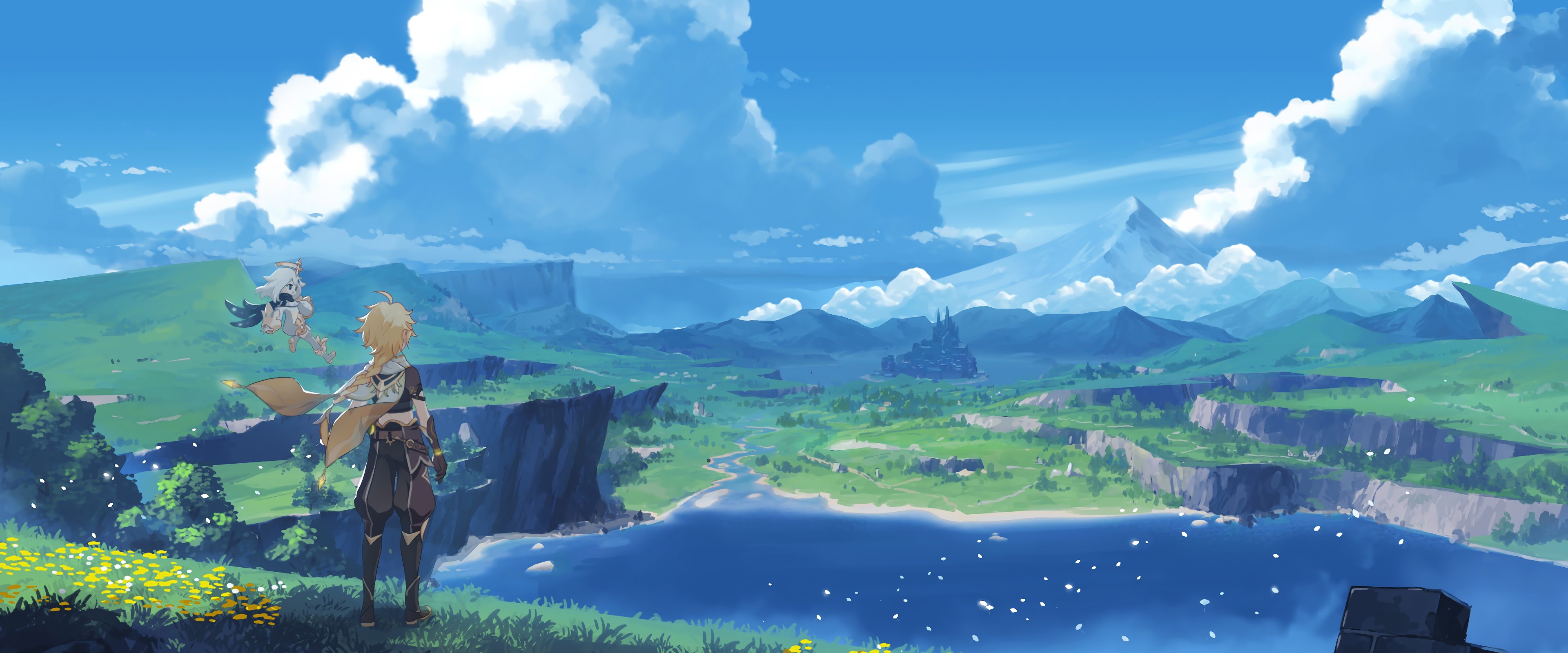 Personaggi Genshin Impact paesaggio, gioco open world, 3840x1600 Ultrawide, Dual Monitor