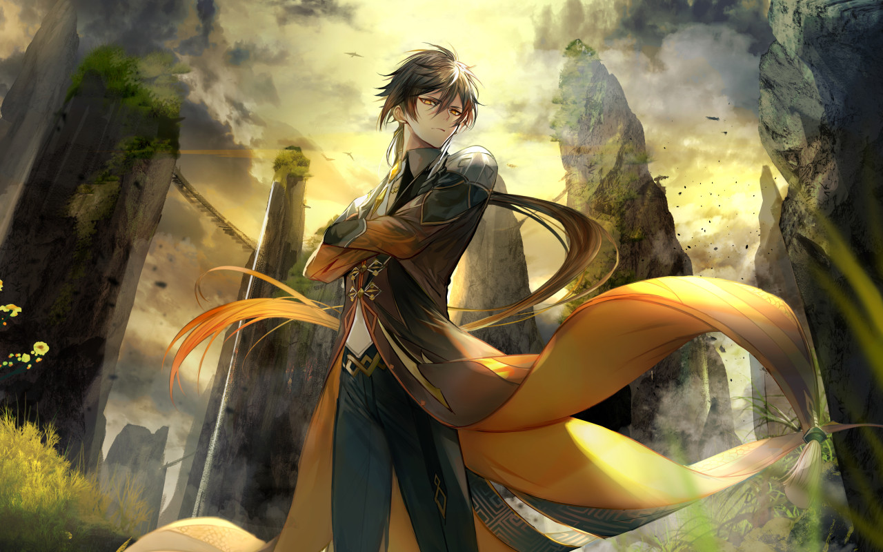 Zhongli Genshin Impact paesaggio, 1280x800 HD, Desktop